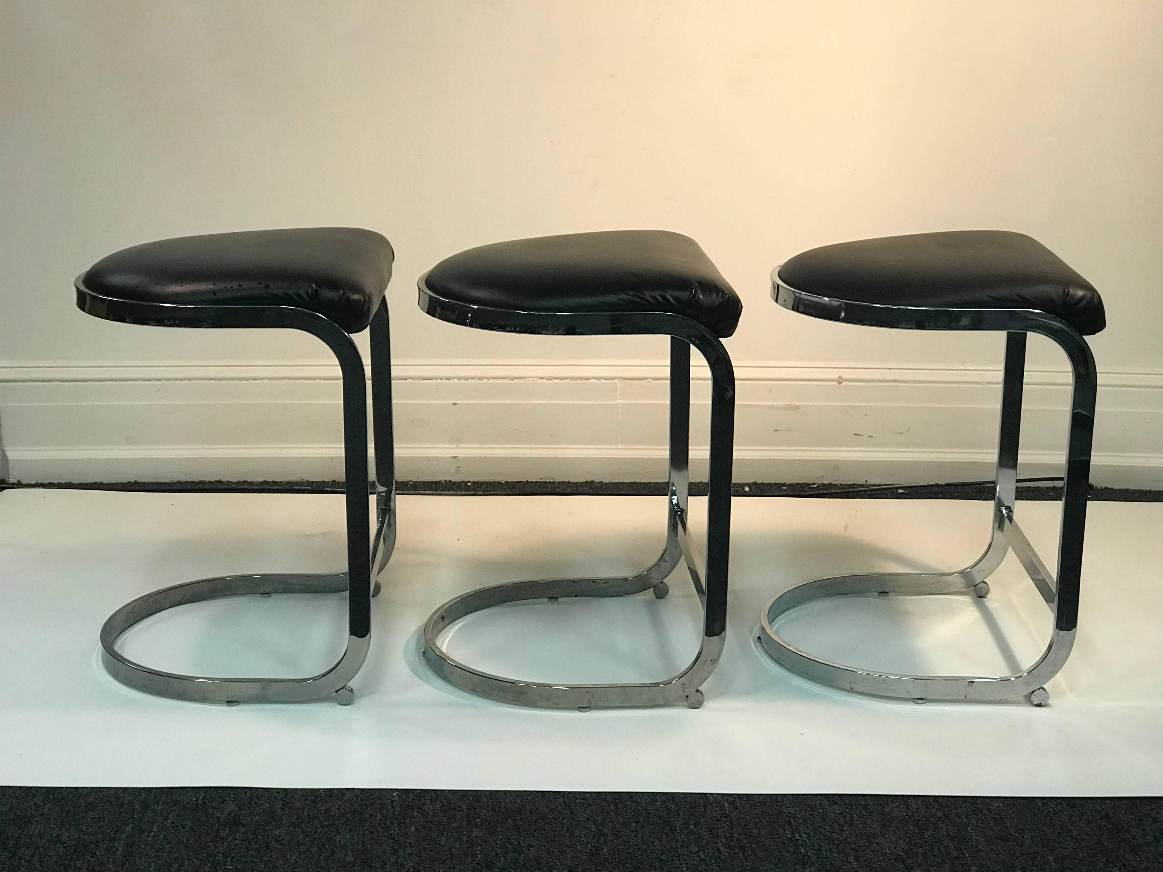 Set of Six Black and Chrome Modern Stools For Sale 1