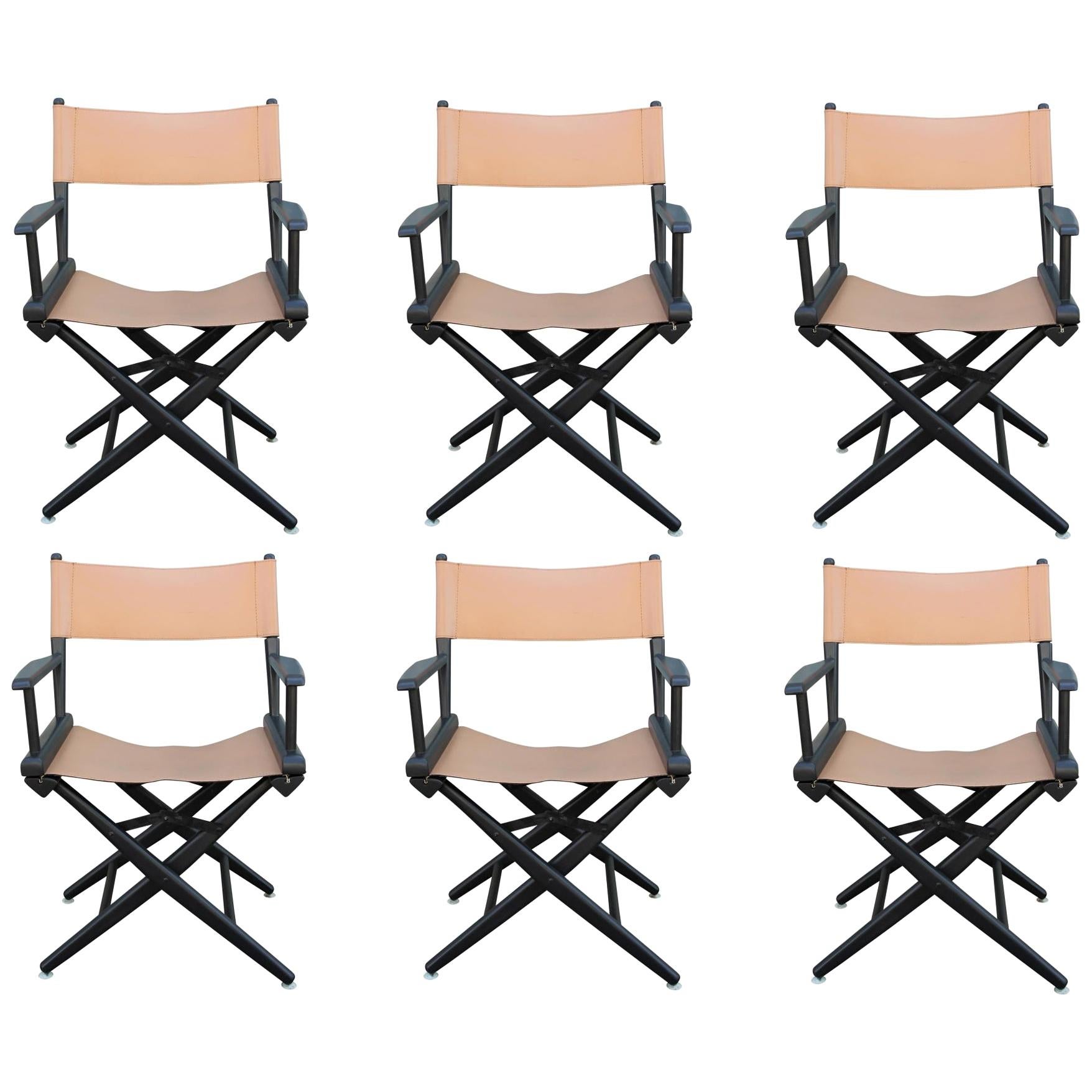 Set of Six Black and Tan Leather Casual Director's Chairs by Telescope Co.