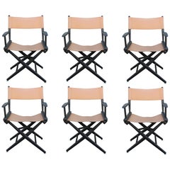 Set of Six Black and Tan Leather Casual Director's Chairs by Telescope Co.