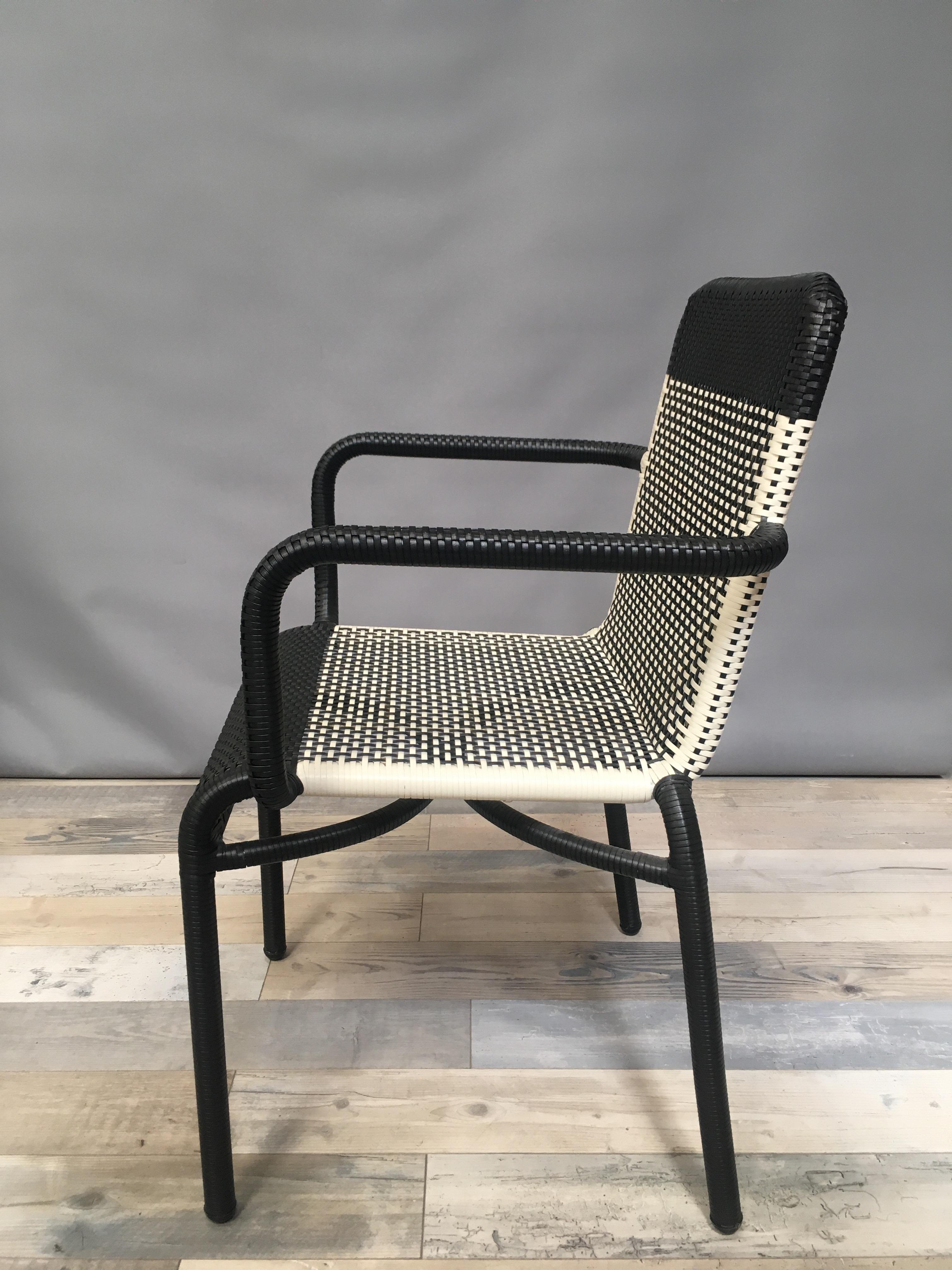Mid-Century Modern Set of Six Black and White Resin Stackable Outdoor Armchairs