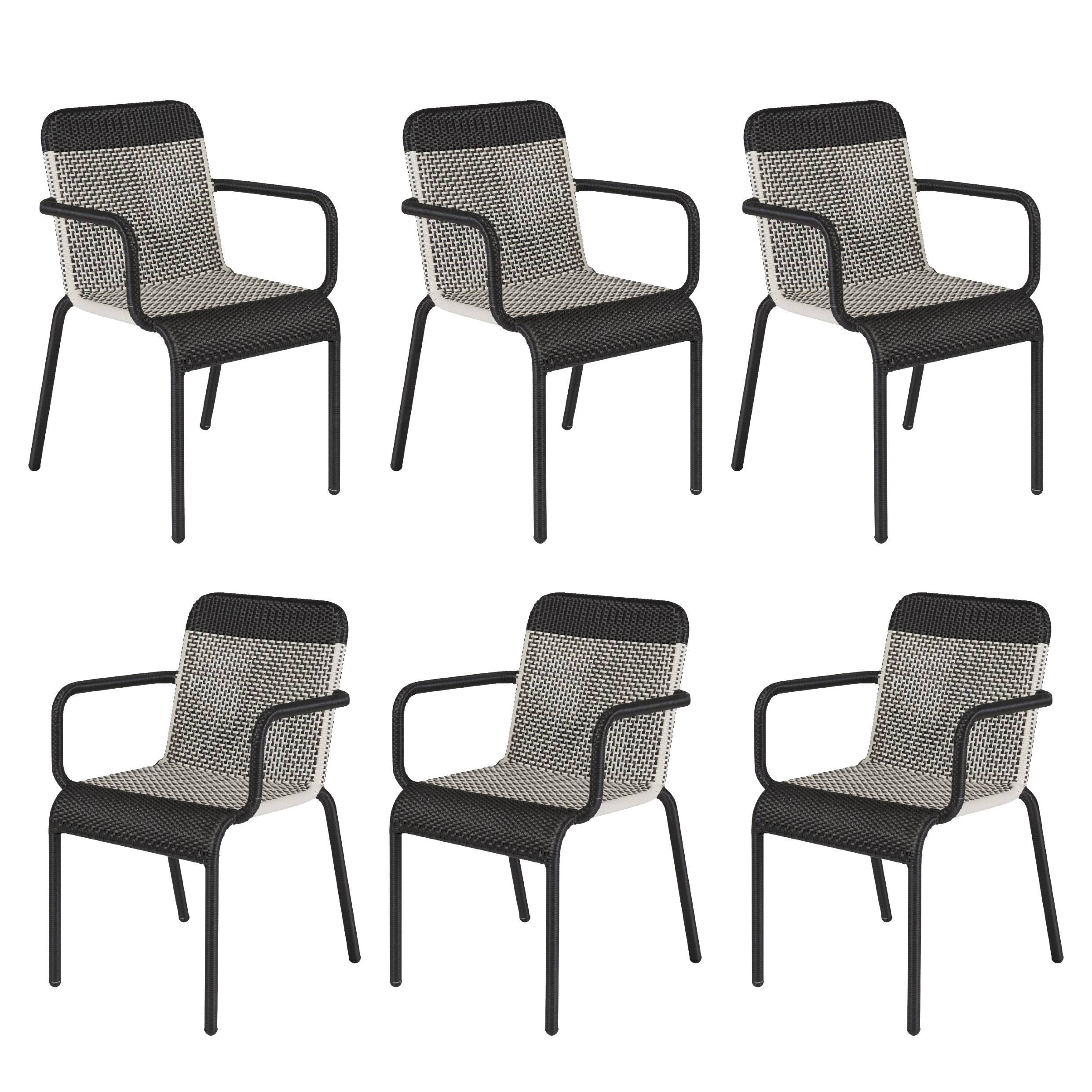 Set of Six Black and White Resin Stackable Outdoor Armchairs