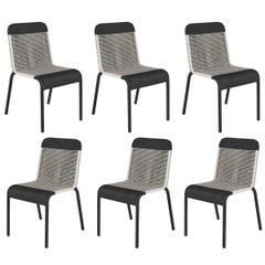 Set of Six Black and White Resin Stackable Outdoor Chairs