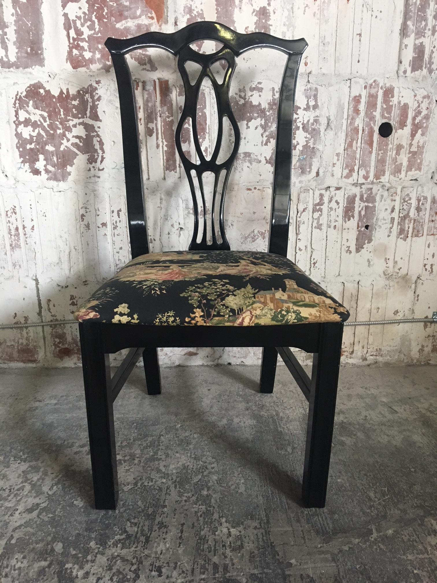 Set of six Chippendale dining chairs in Asian chinoiserie style. Featuring straight legs and Asian-themed upholstery. Set consists of two arm chairs and four side chairs. Very good vintage condition with only minor signs of age appropriate use. Set