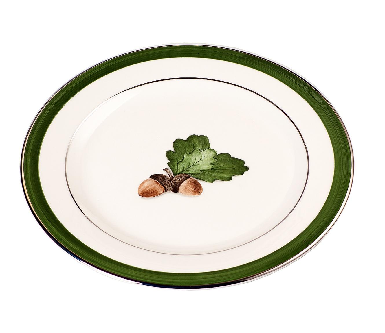 Set of six completely handmade and hand painted underglaze porzelain dishes. The decor shows a black forest hands-free painted oak leaf with a green handsfree line and platinum rimmed. A matching soup plate and breakfast plate can be ordered in