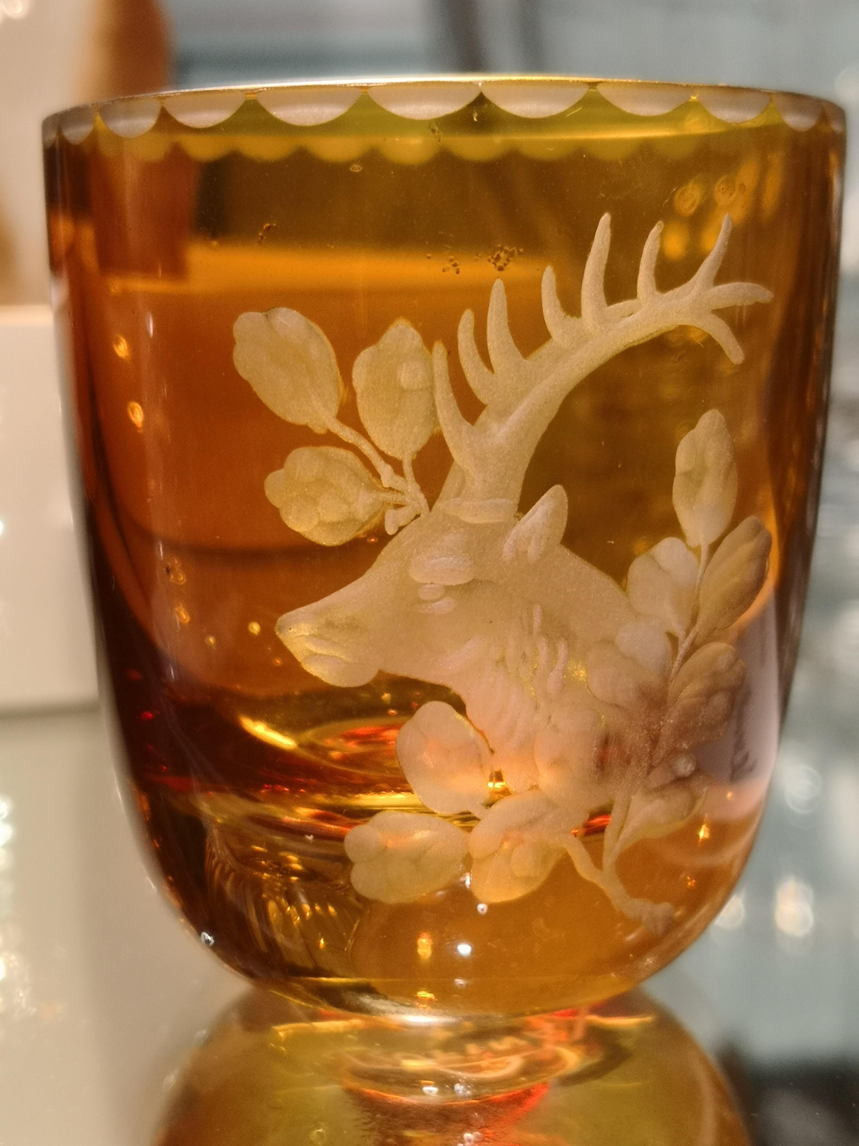 Crystal Set of Six Black Forest Schnapps Glasses Amber German with Hunting Scene Sofina For Sale