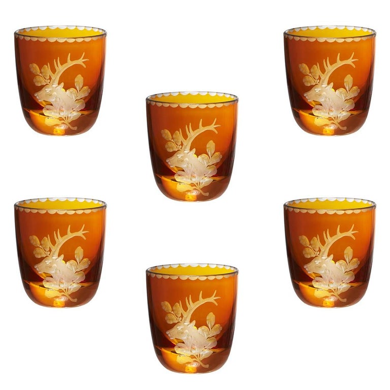 Set of Six Black Forest Schnapps Glasses Amber German with Hunting