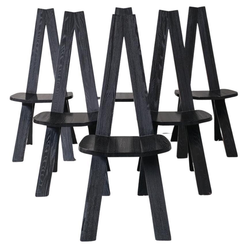 Set of Six Black French Pierre Chapo Midcentury Dining Chairs For Sale