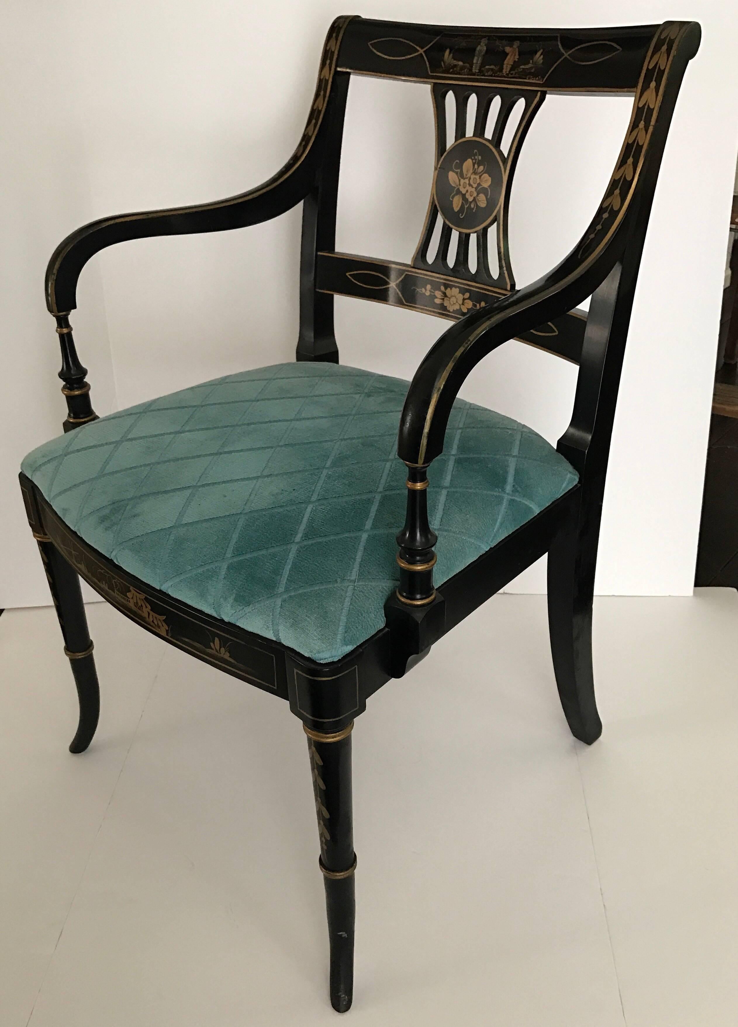 American Set of Six Black Japanned Chinoiserie Dining Chairs