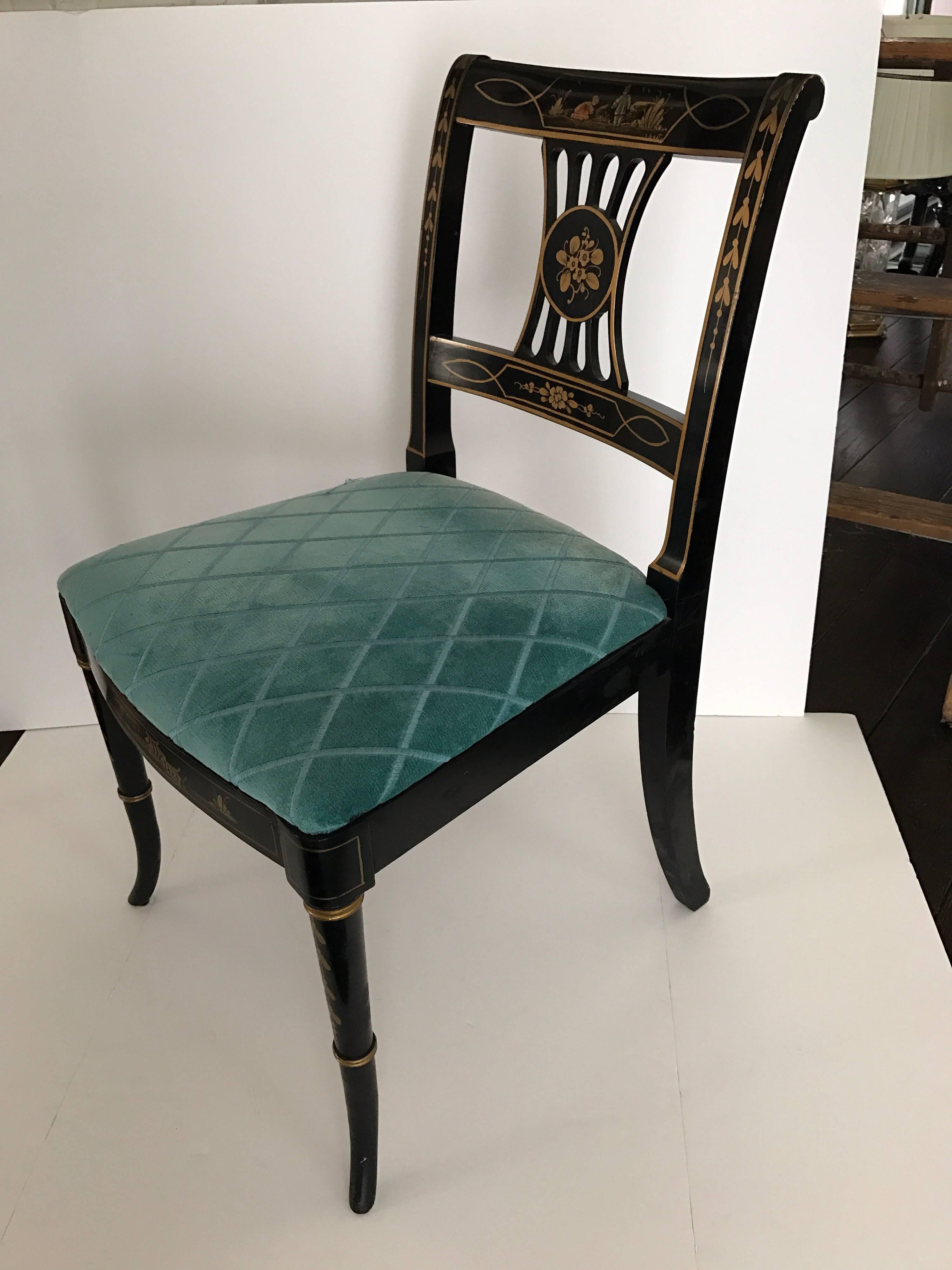 Set of Six Black Japanned Chinoiserie Dining Chairs In Good Condition In West Hartford, CT