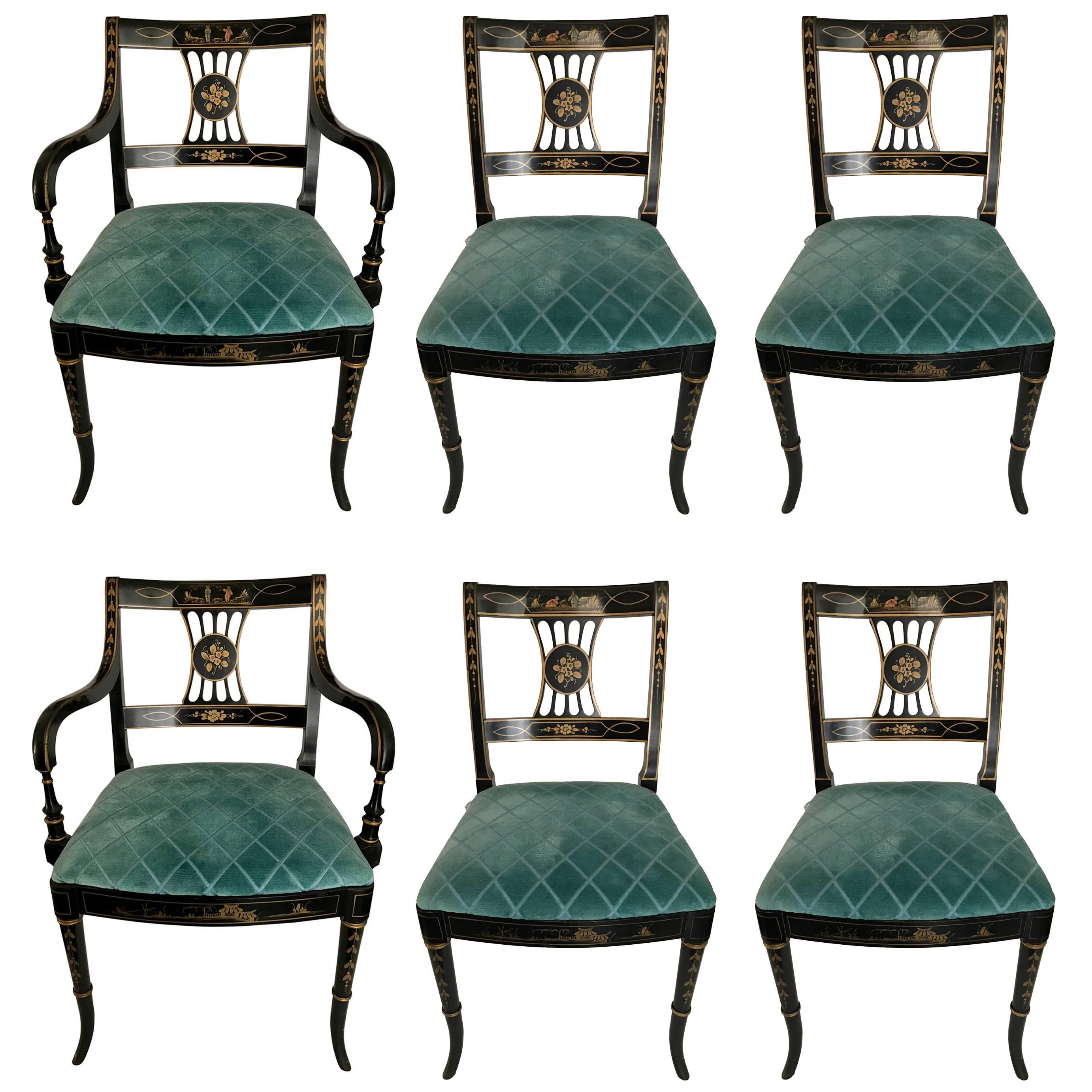 Set of Six Black Japanned Chinoiserie Dining Chairs