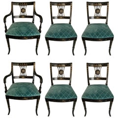 Vintage Set of Six Black Japanned Chinoiserie Dining Chairs
