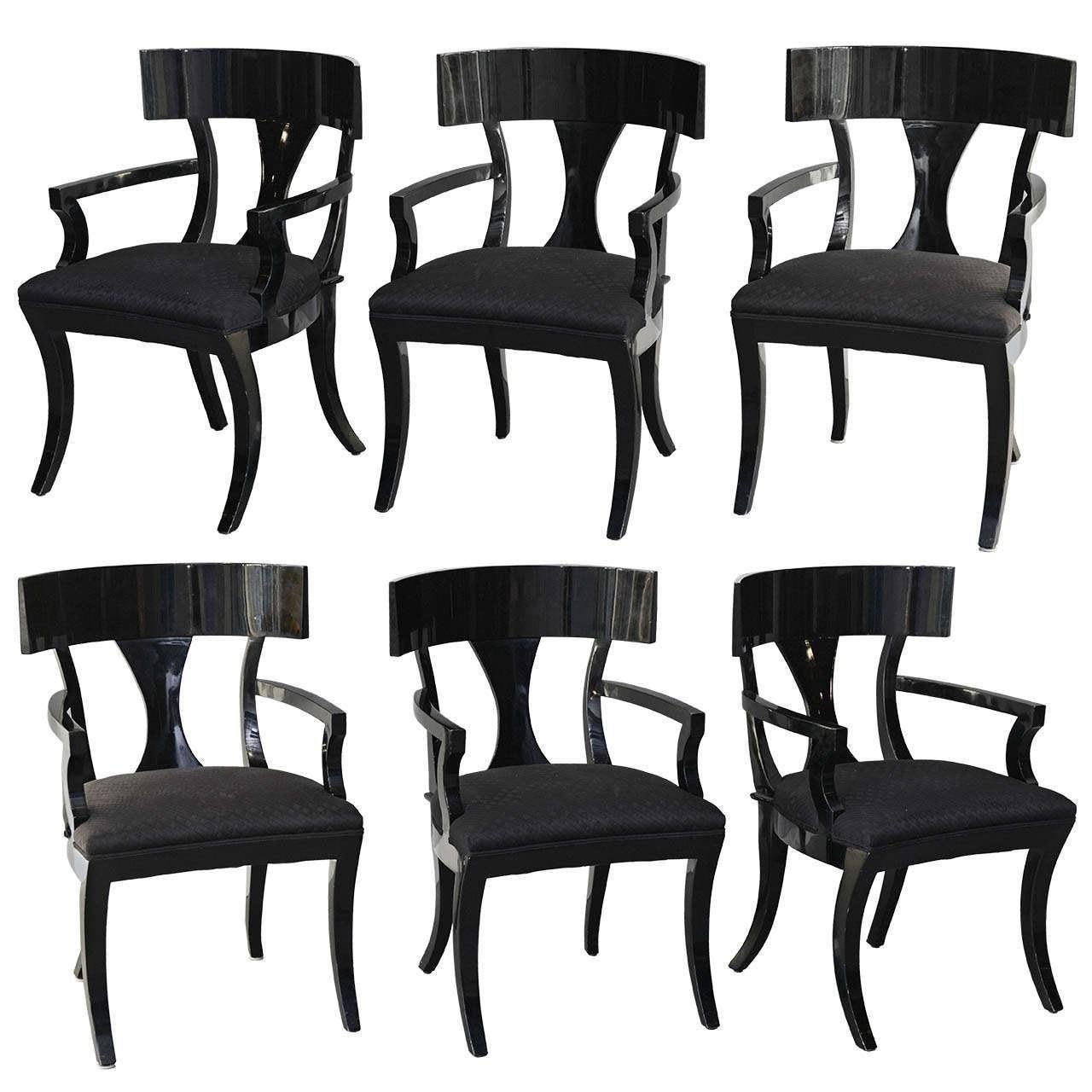 Set of Six Black Lacquer Klismos Armchairs, Manner of Robsjohn-Gibbings