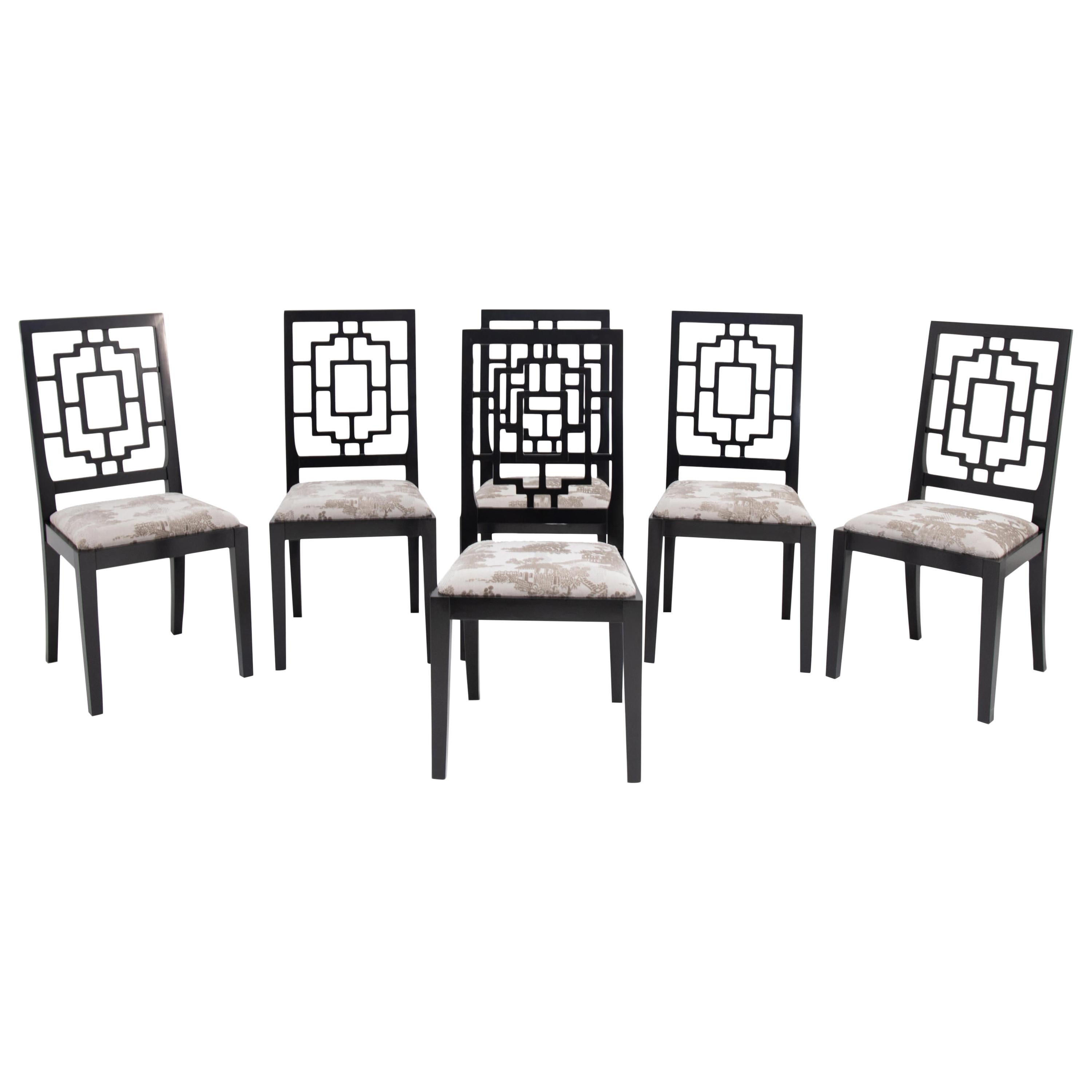Six Italian Black Lacquer and Moire Dining Chairs at 1stDibs