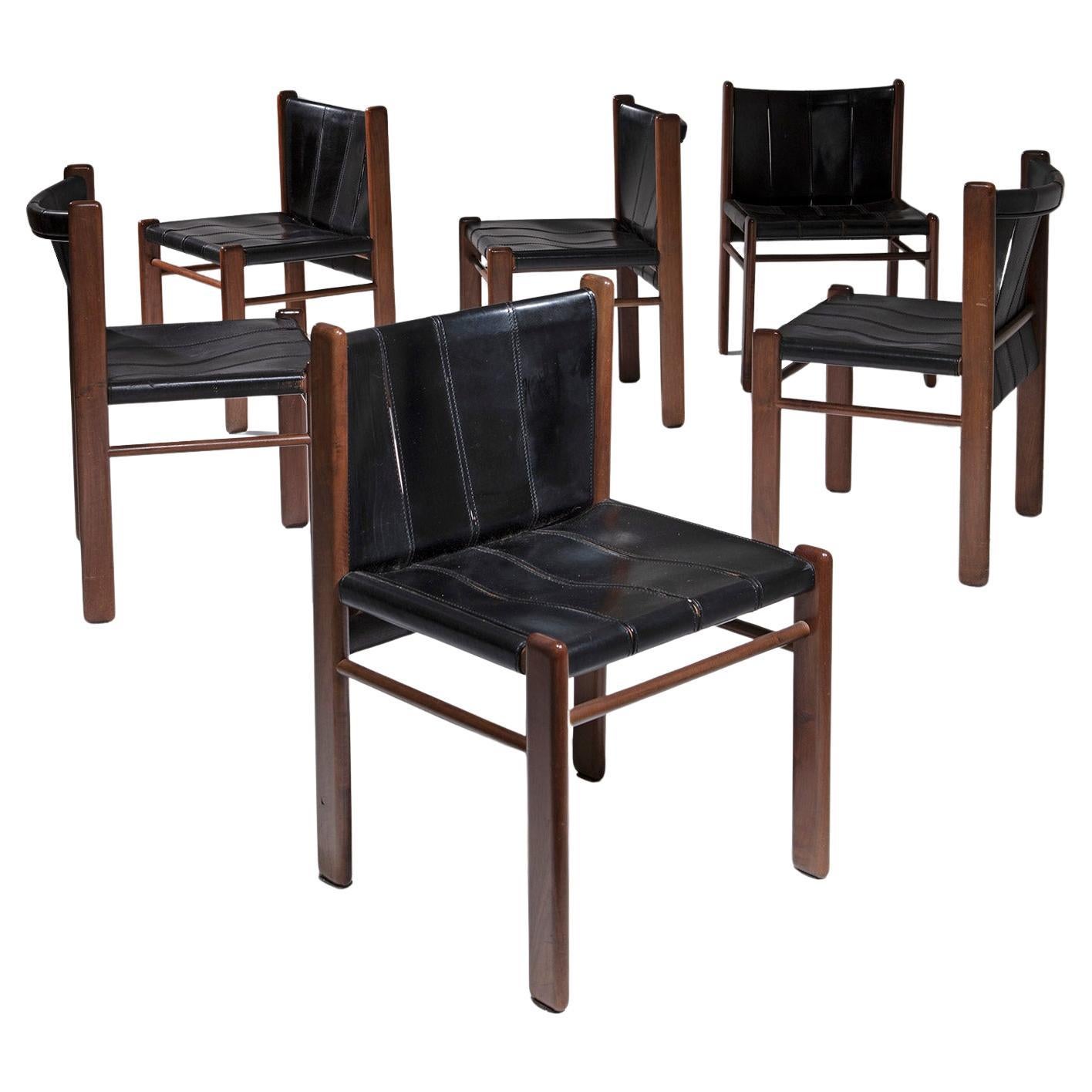 Set of Six Black Leather and Walnut Chairs by Gianfranco Frattini for Bernini