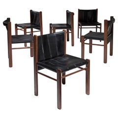 Set of Six Black Leather and Walnut Chairs by Gianfranco Frattini for Bernini