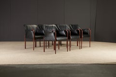 Set of Six Black Leather Dining Armchairs w Cassina Label, c 1980s, Refinished