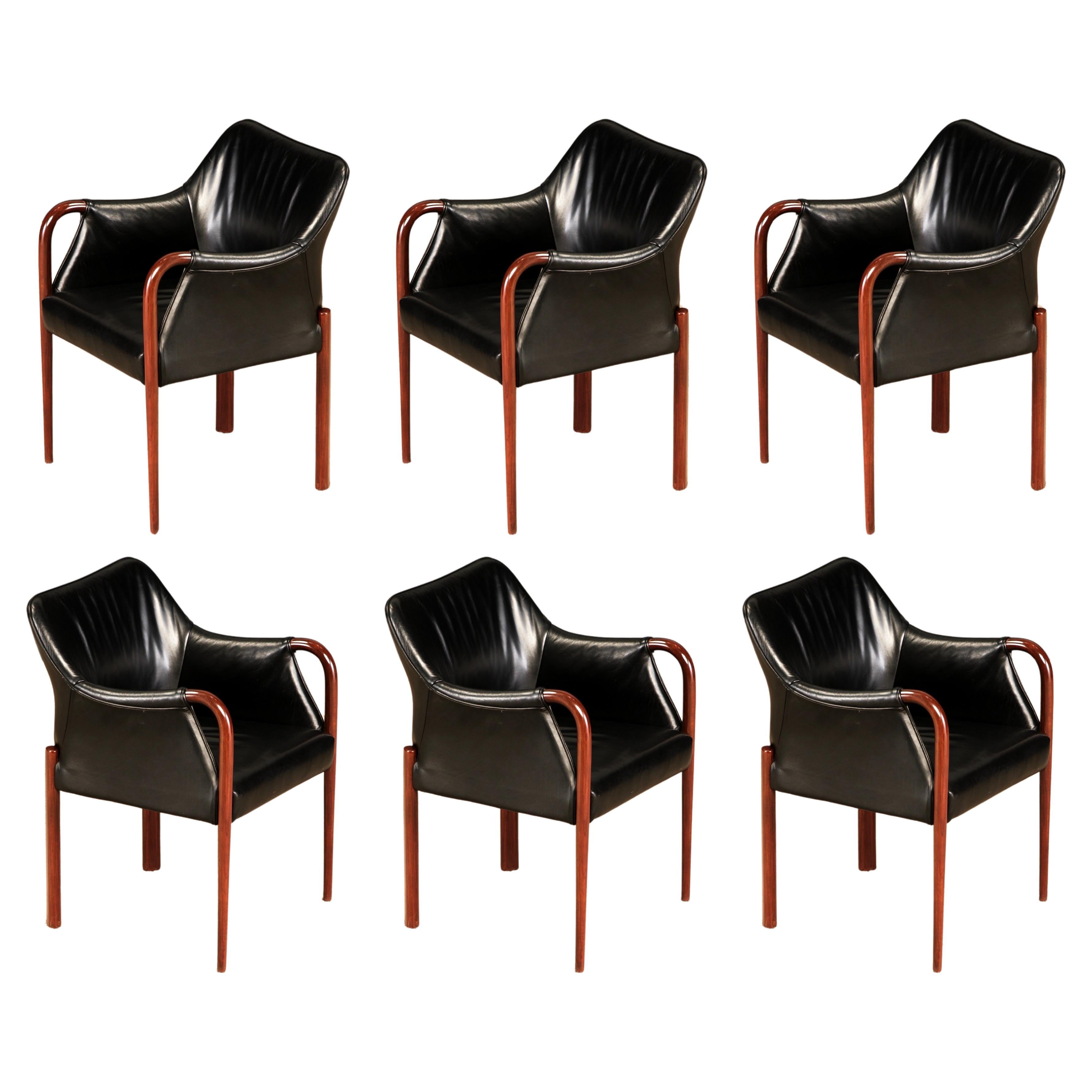 Set of Six Black Leather Dining Armchairs w Cassina Label, c 1980s, Refinished