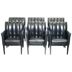 Set of Six Black Leather Vintage Armchairs with Fluted Backs Great Suite
