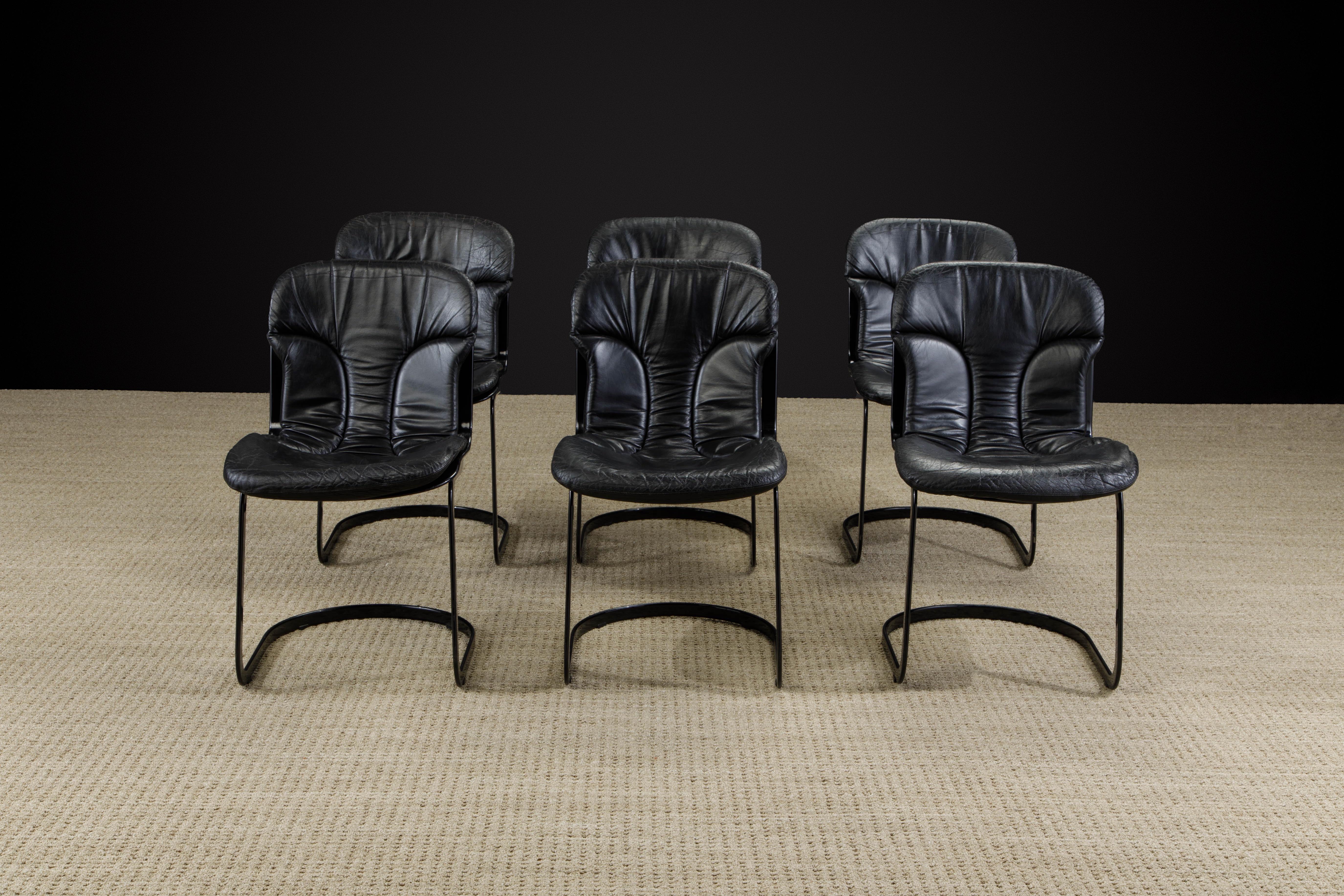 A stylish set of six (6) cantilevered black leather on black frames dining chairs by Cidue, Italy, circa 1970s, signed with manufacturer's foil labels on the undersides of seats, design is attributed to Willy Rizzo.

If you love sports cars then