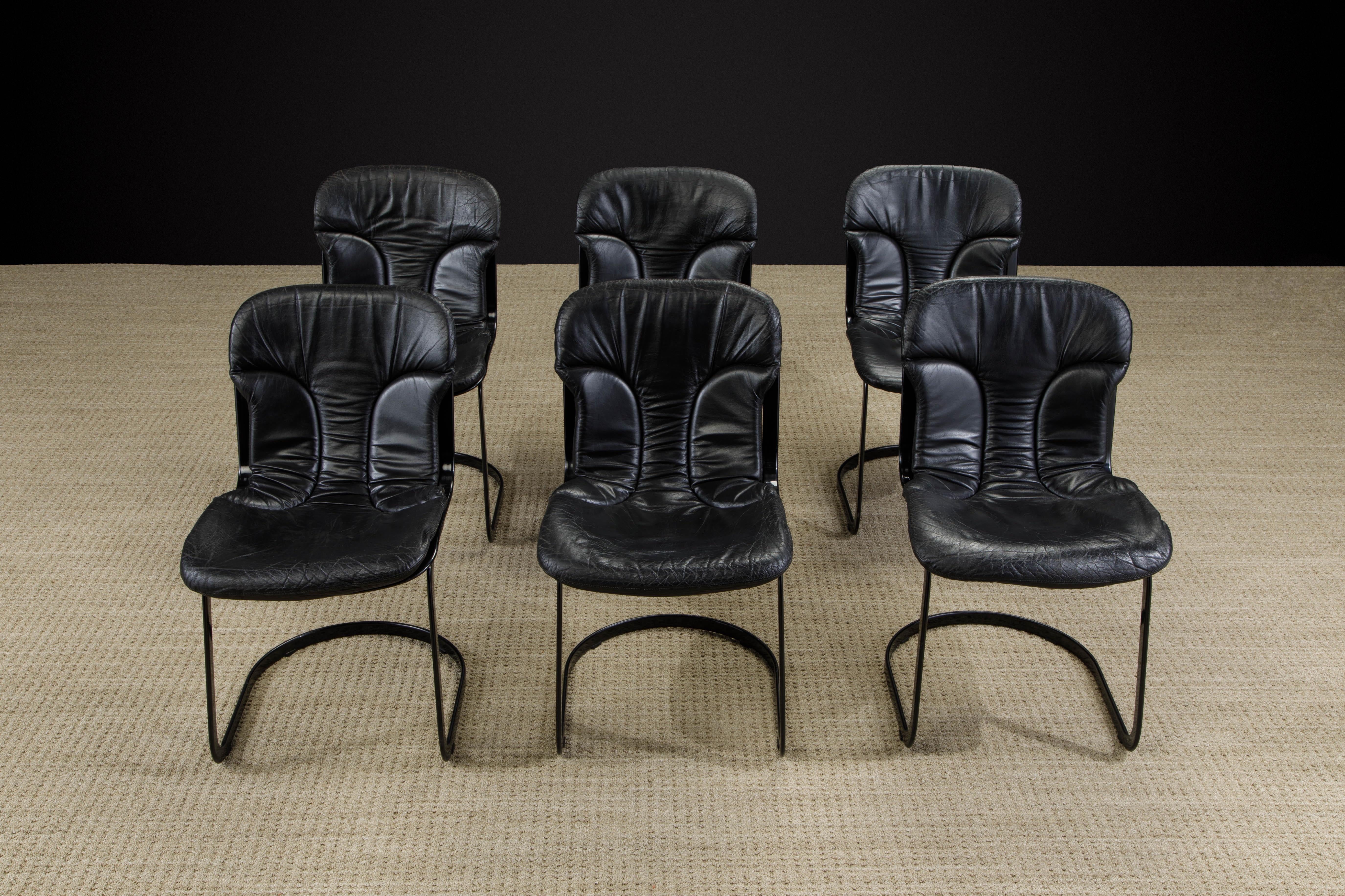 Modern Set of Six Black Leather Willy Rizzo Dining Chairs by Cidue Italy 1970s, Signed