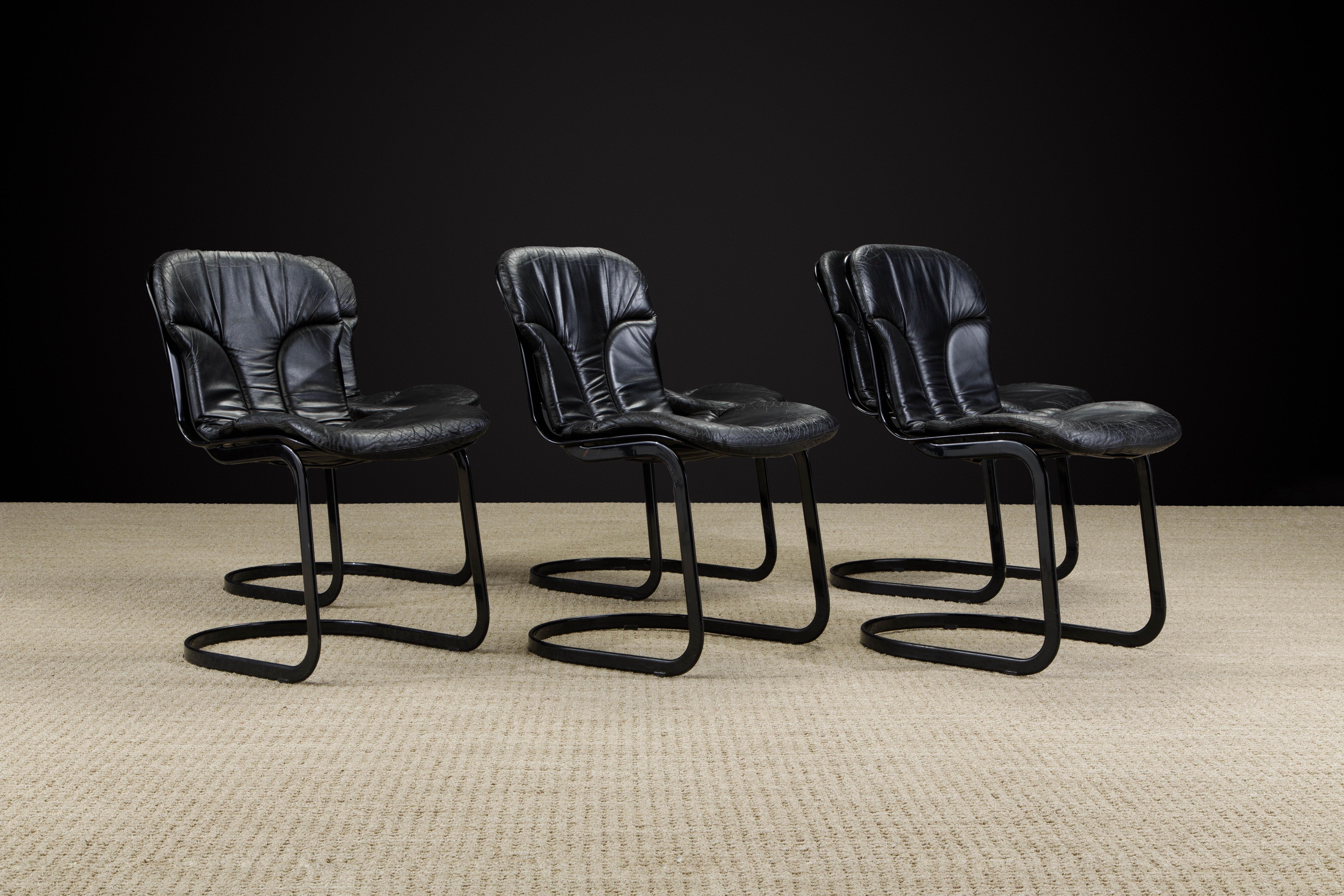 Italian Set of Six Black Leather Willy Rizzo Dining Chairs by Cidue Italy 1970s, Signed