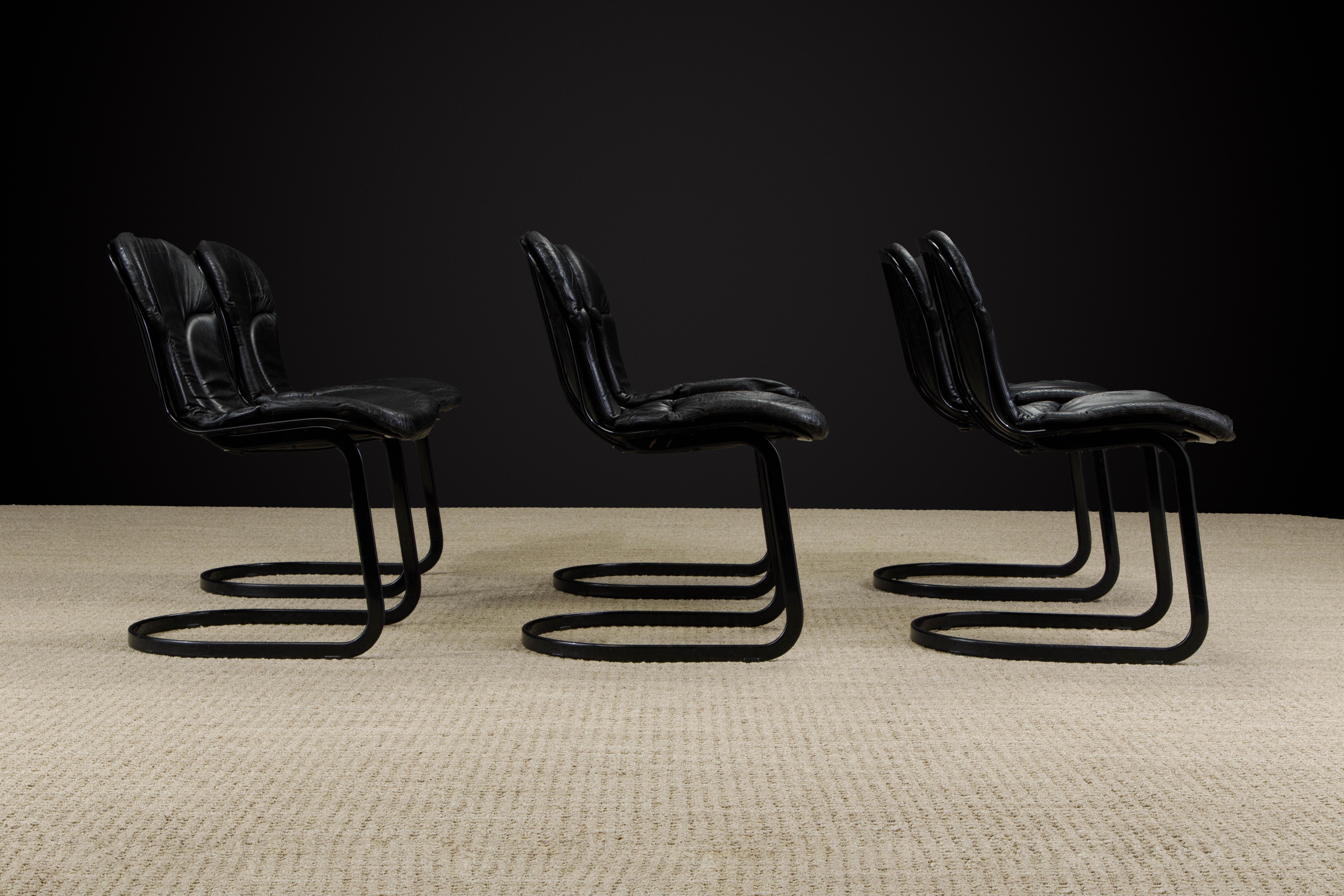 Set of Six Black Leather Willy Rizzo Dining Chairs by Cidue Italy 1970s, Signed In Good Condition In Los Angeles, CA