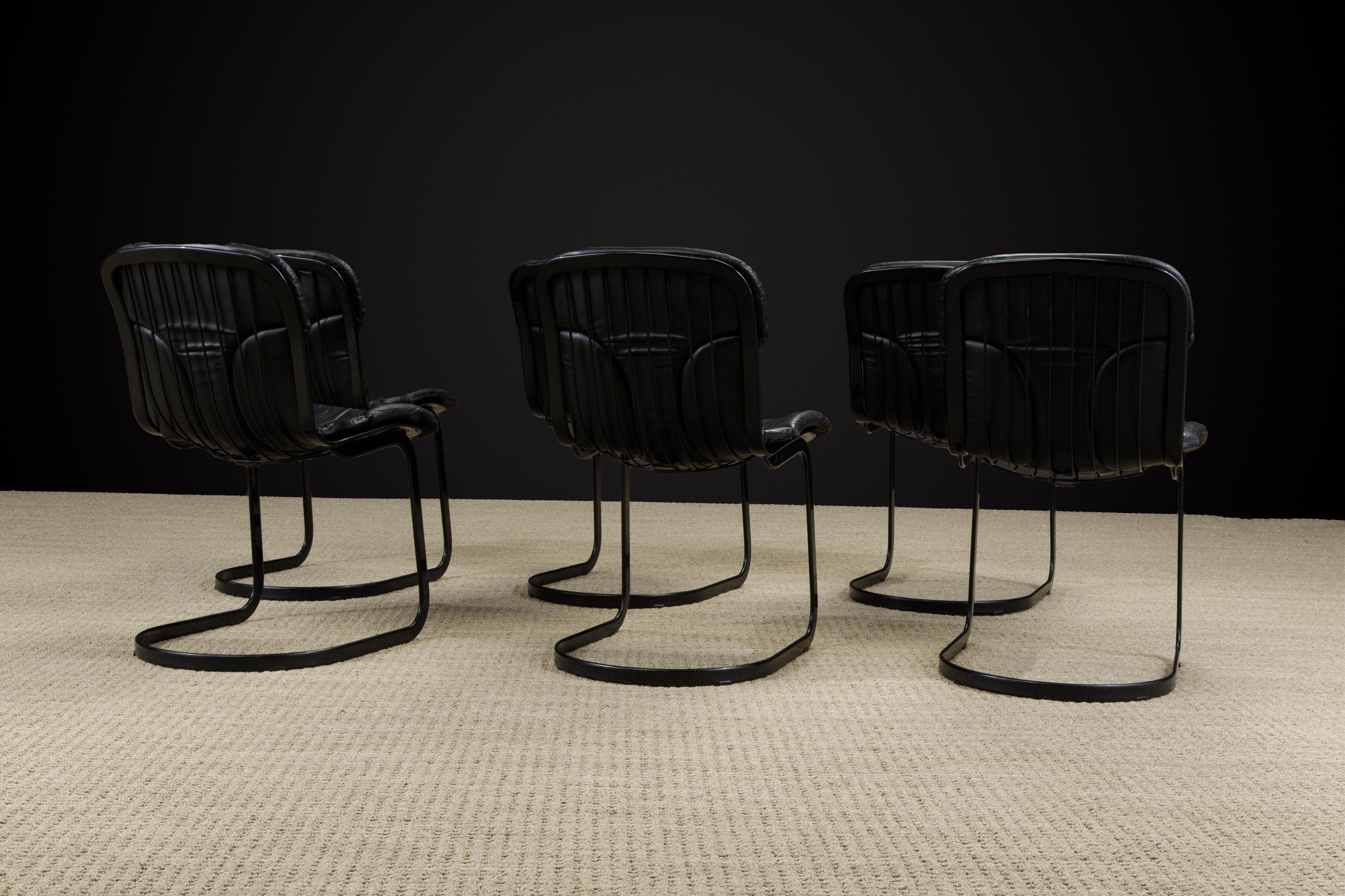 Late 20th Century Set of Six Black Leather Willy Rizzo Dining Chairs by Cidue Italy 1970s, Signed