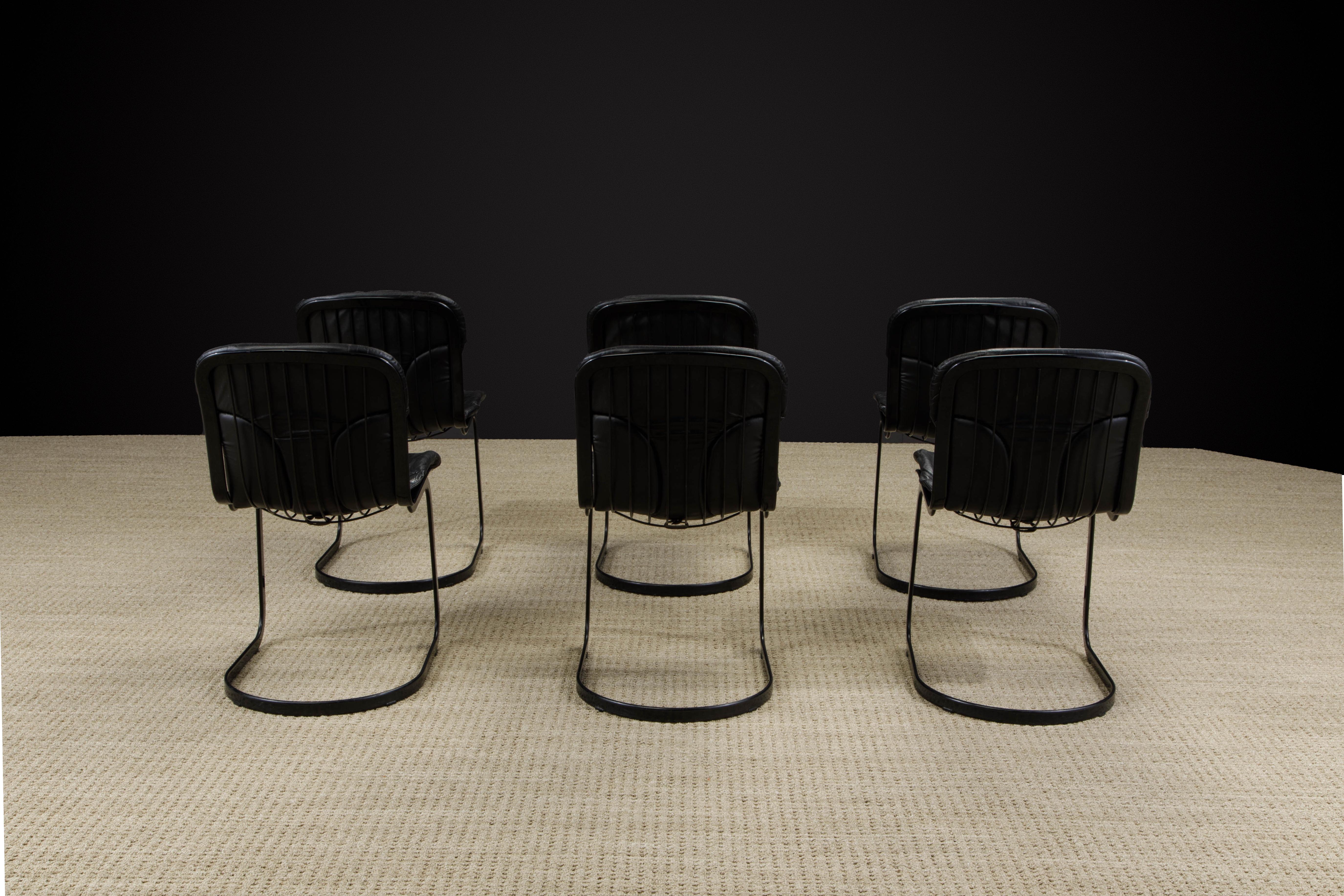 Metal Set of Six Black Leather Willy Rizzo Dining Chairs by Cidue Italy 1970s, Signed