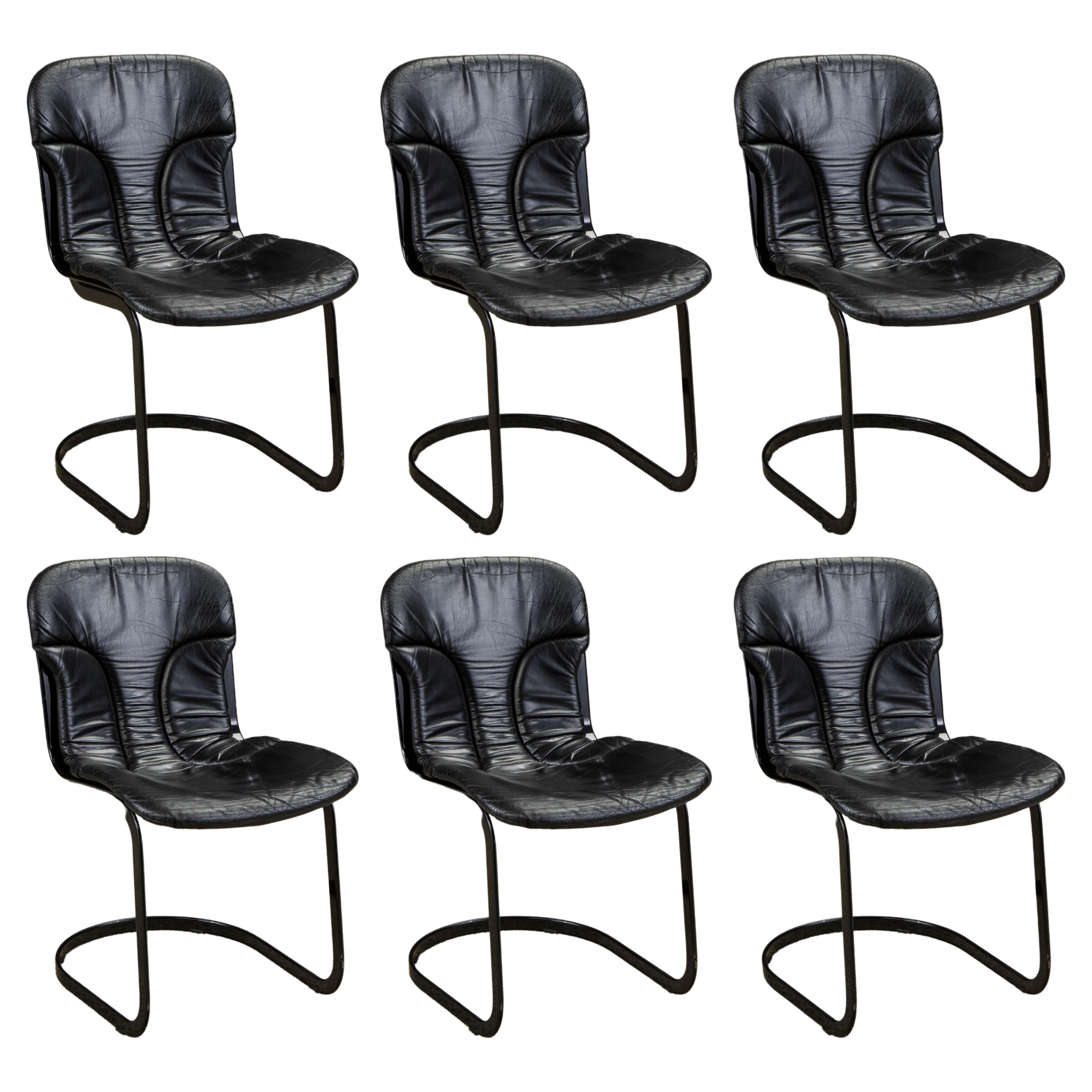 Set of Six Black Leather Willy Rizzo Dining Chairs by Cidue Italy 1970s, Signed