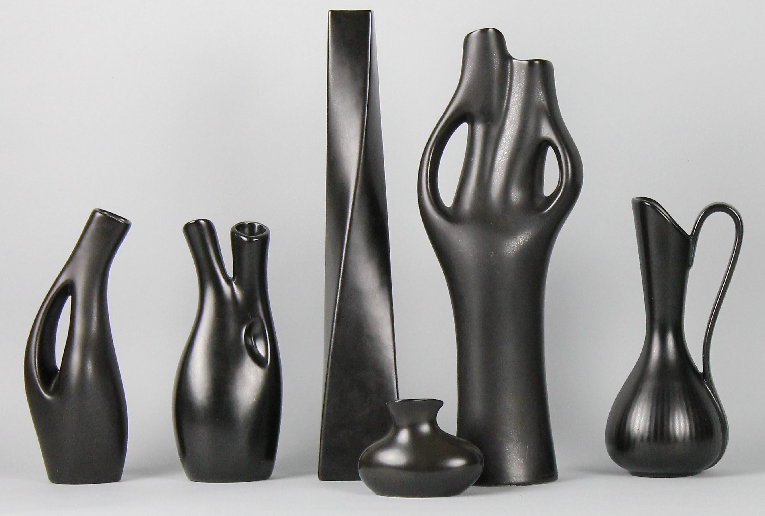 Ceramic Set of Six Black Mangania Vases Lillemor Mannerheim Sweden Mid Century Modern For Sale