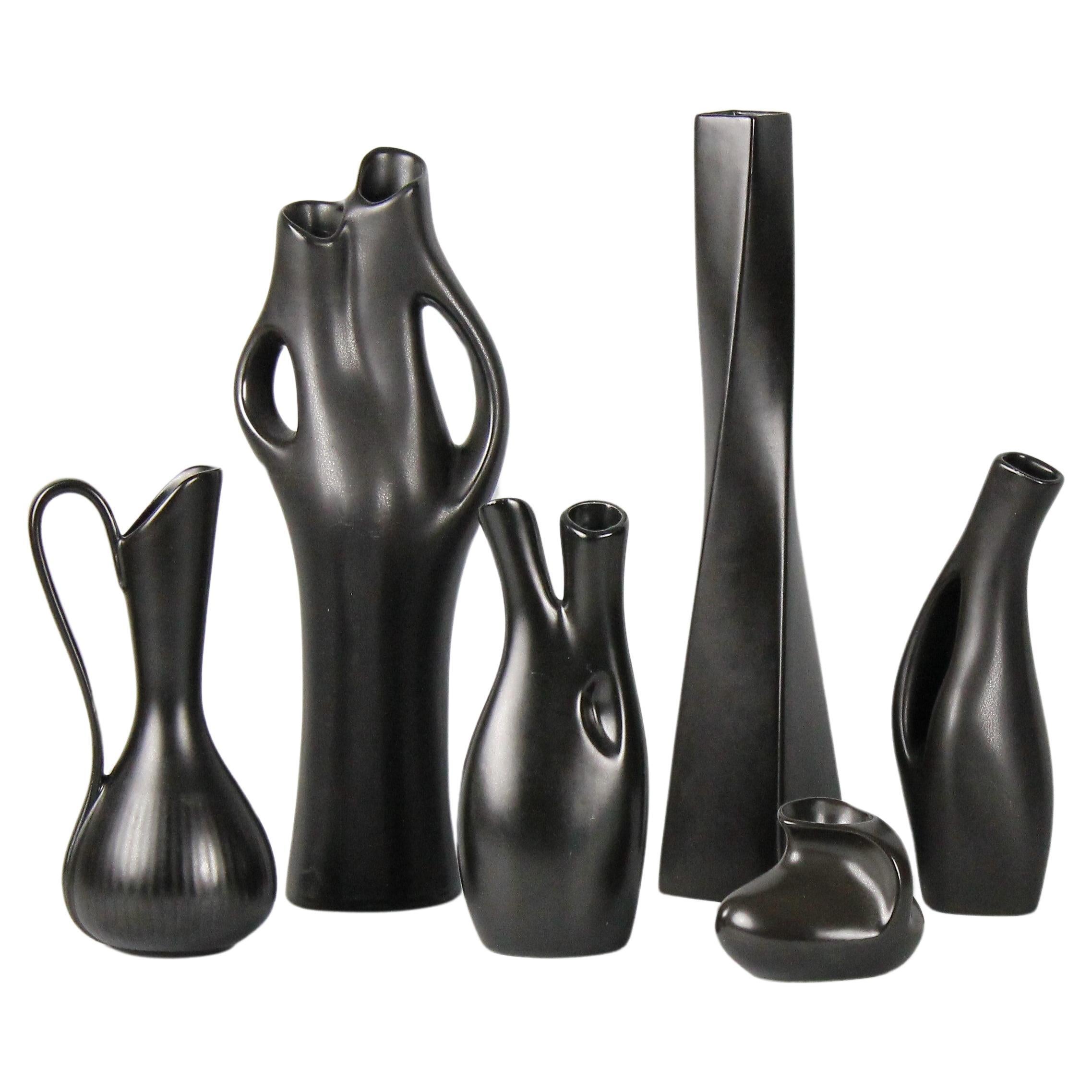 Set of Six Black Mangania Vases Lillemor Mannerheim Sweden Mid Century Modern For Sale
