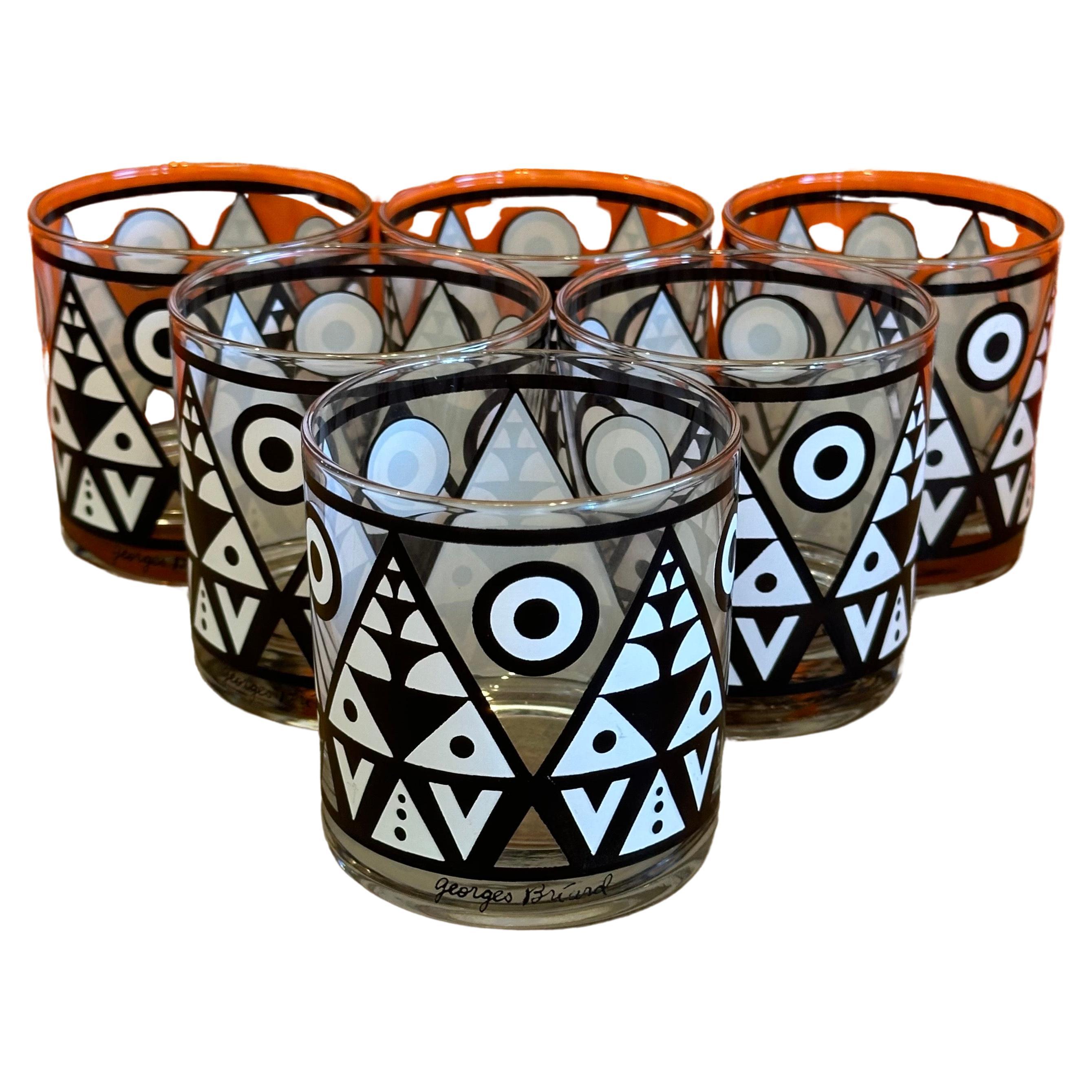 Set von sechs schwarz-weißen „Tiki“-Cocktailgläsern von Georges Briard (Moderne der Mitte des Jahrhunderts) im Angebot