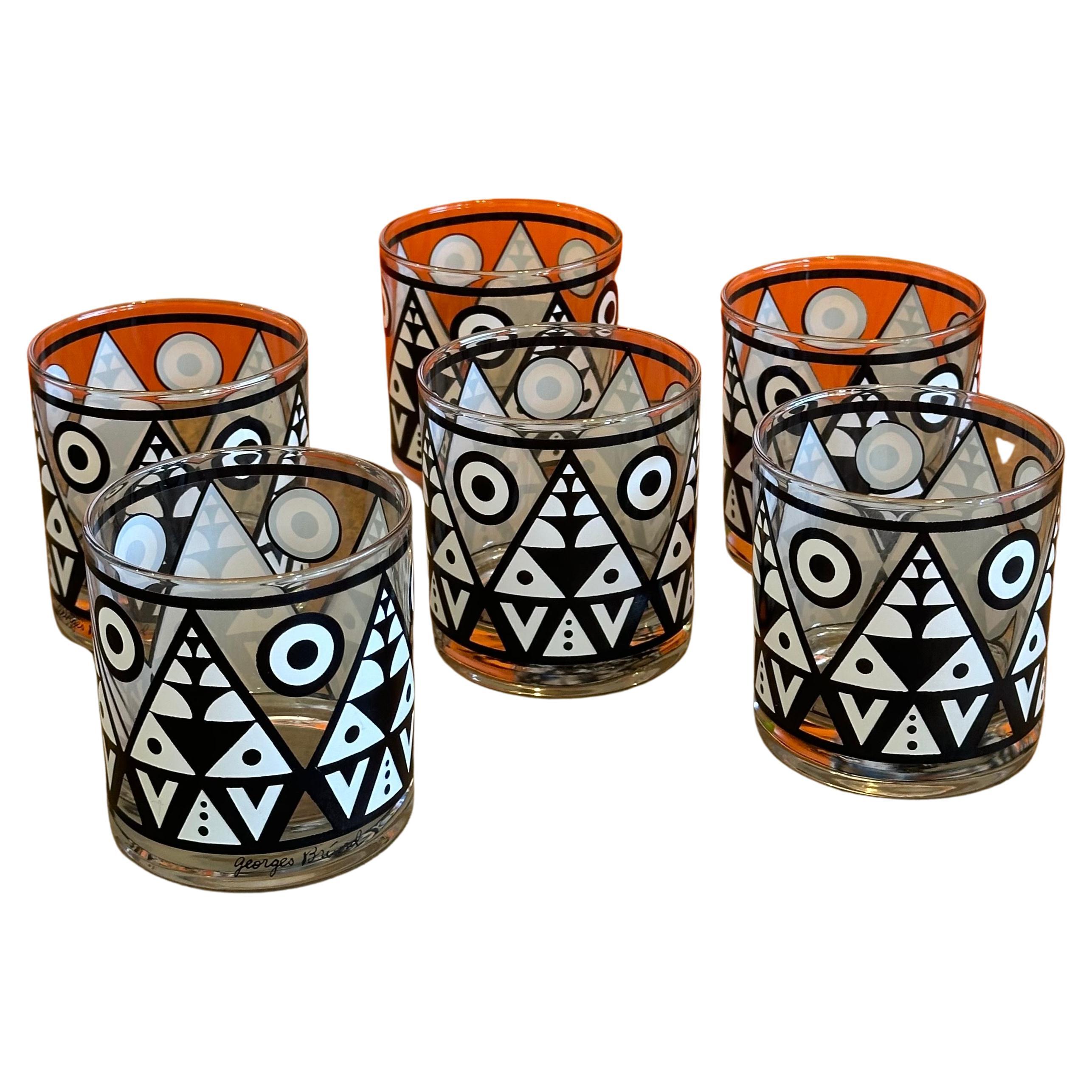 Set of Six Black & White "Tiki" Cocktail Glasses by Georges Briard For Sale