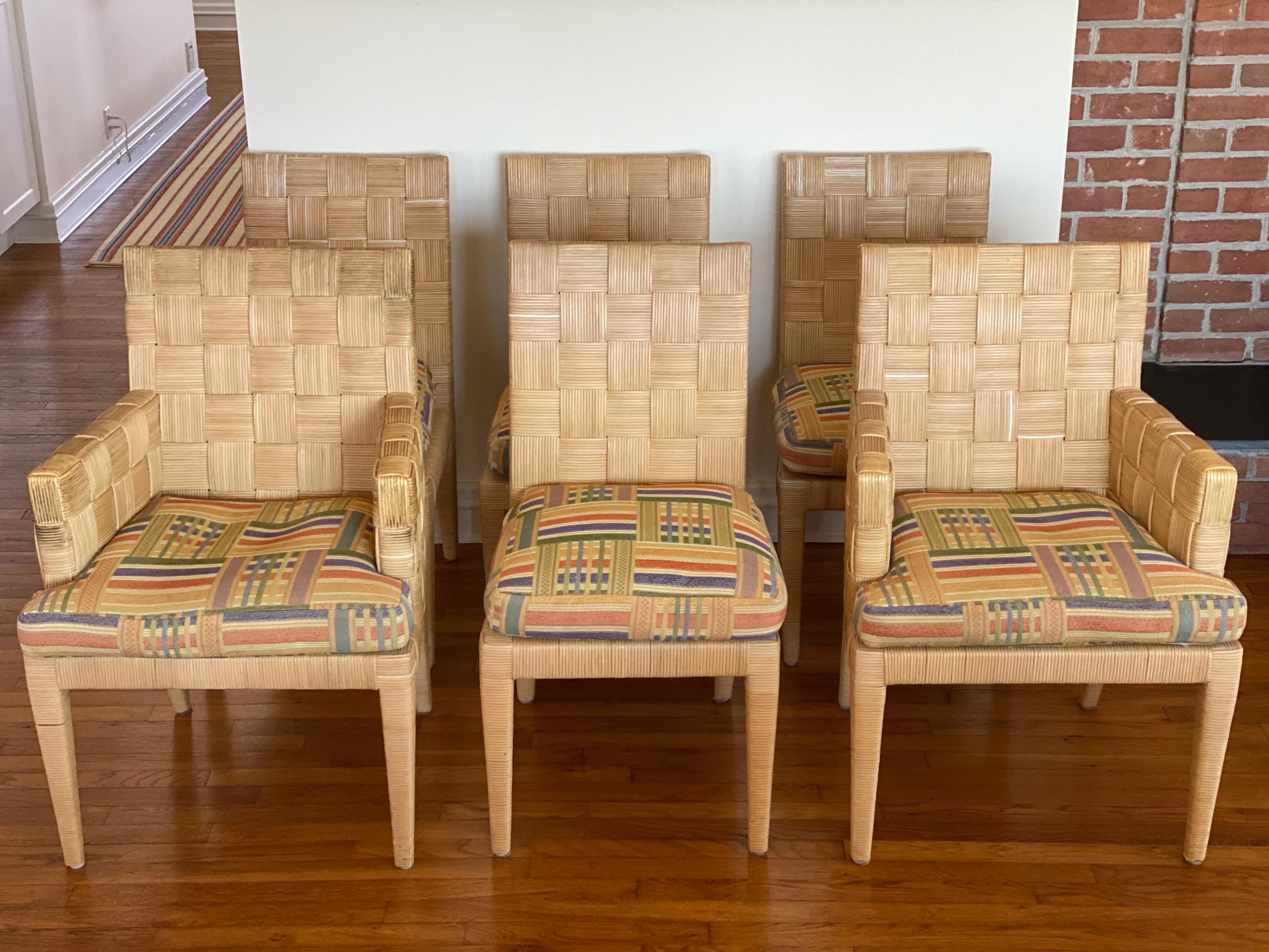 Set of Six Block Island Cane Club Chairs & Ottoman by John Hutton for Donghia, 1990s.
Two Armchairs
Four Side Chairs
A limited production, Block Island collection designed by John Hutton (1947-2006) for Donghia, circa 1995. This seating series is