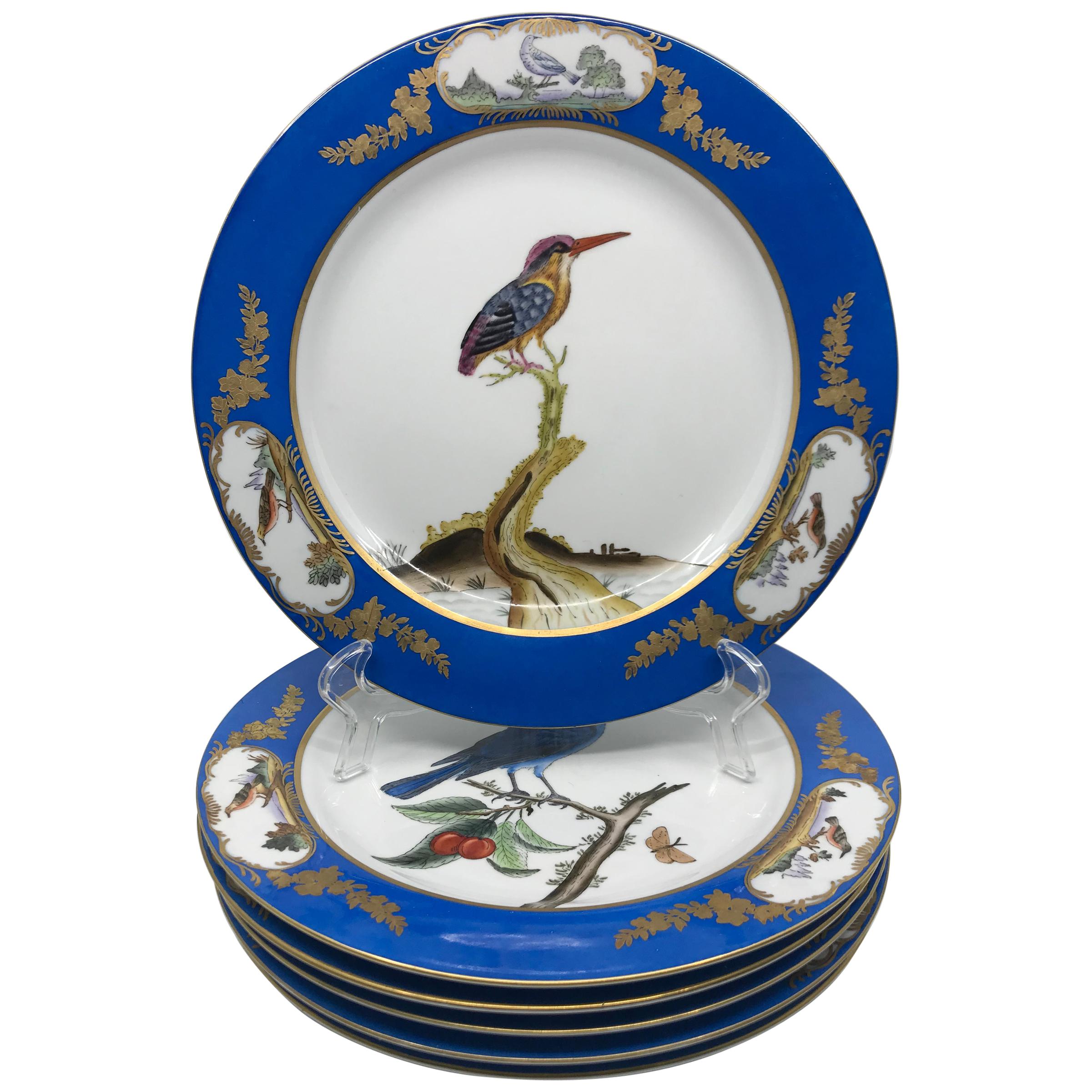 Set of Six Blue and White Bird Plates For Sale