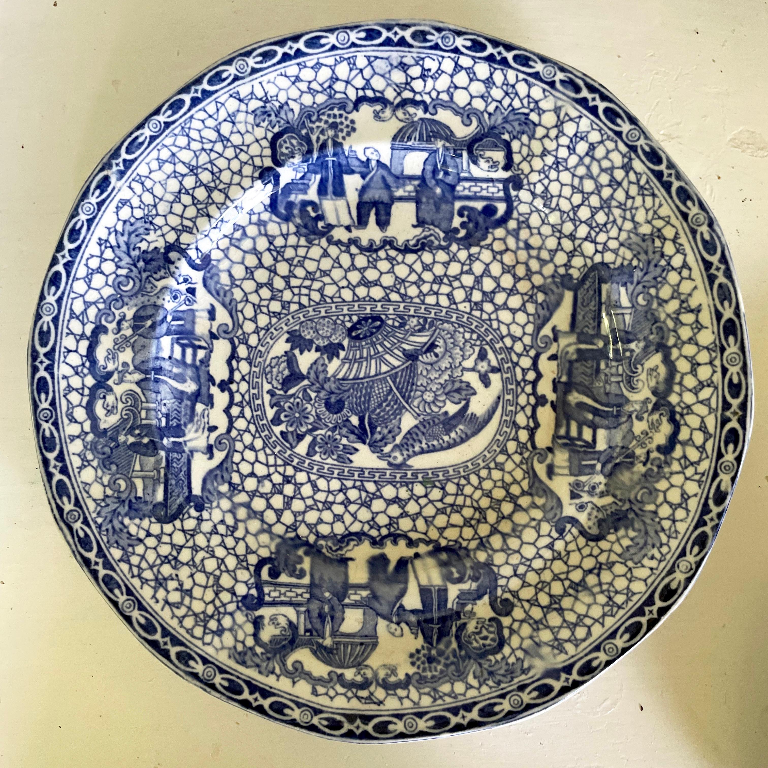 Set of six blue and white Chinese bird plates. Early 20th c. English blue and white ironstone plates. Blue underglaze pattern markings for Wm Adams. 
Dimension: 2 dinner plates 10” diameter x 1 1/8” height; 4 luncheon plates 9