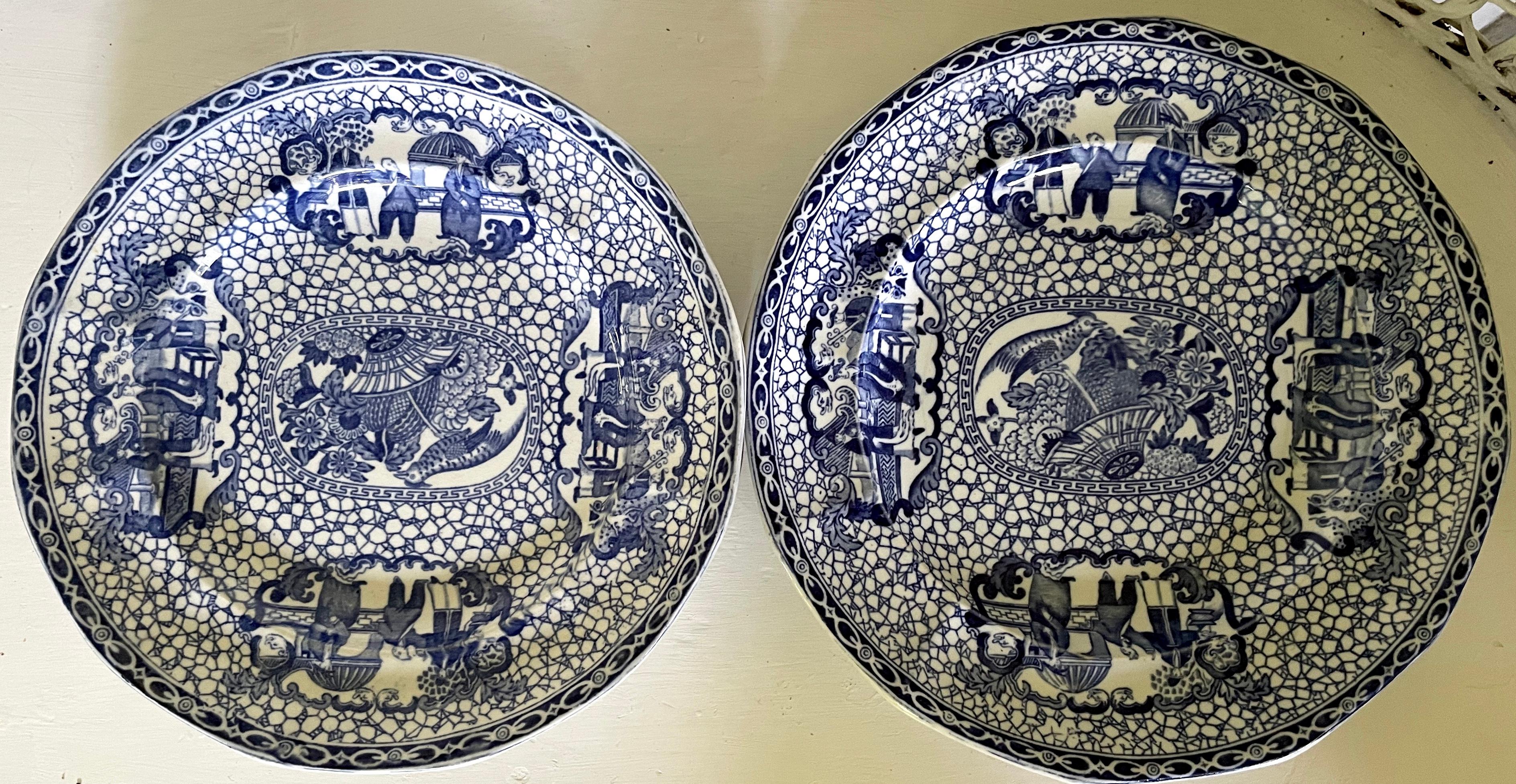 English Set of Six Blue and White Chinese Bird Plates