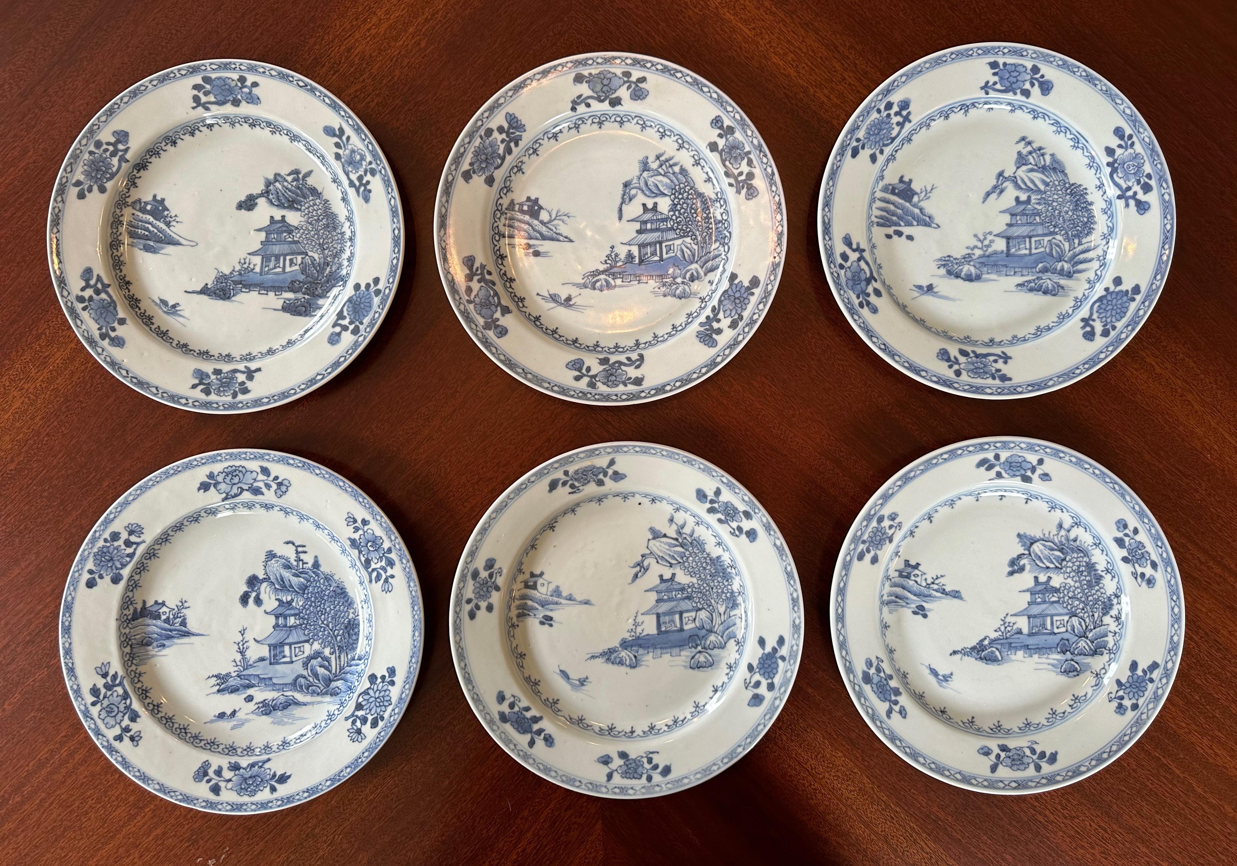 Mid-18th Century Set of Six Blue and White Plates from the Nanking Cargo Shipwreck For Sale