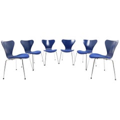 Set of Six Blue Arne Jacobsen Chairs, Mod. 3107