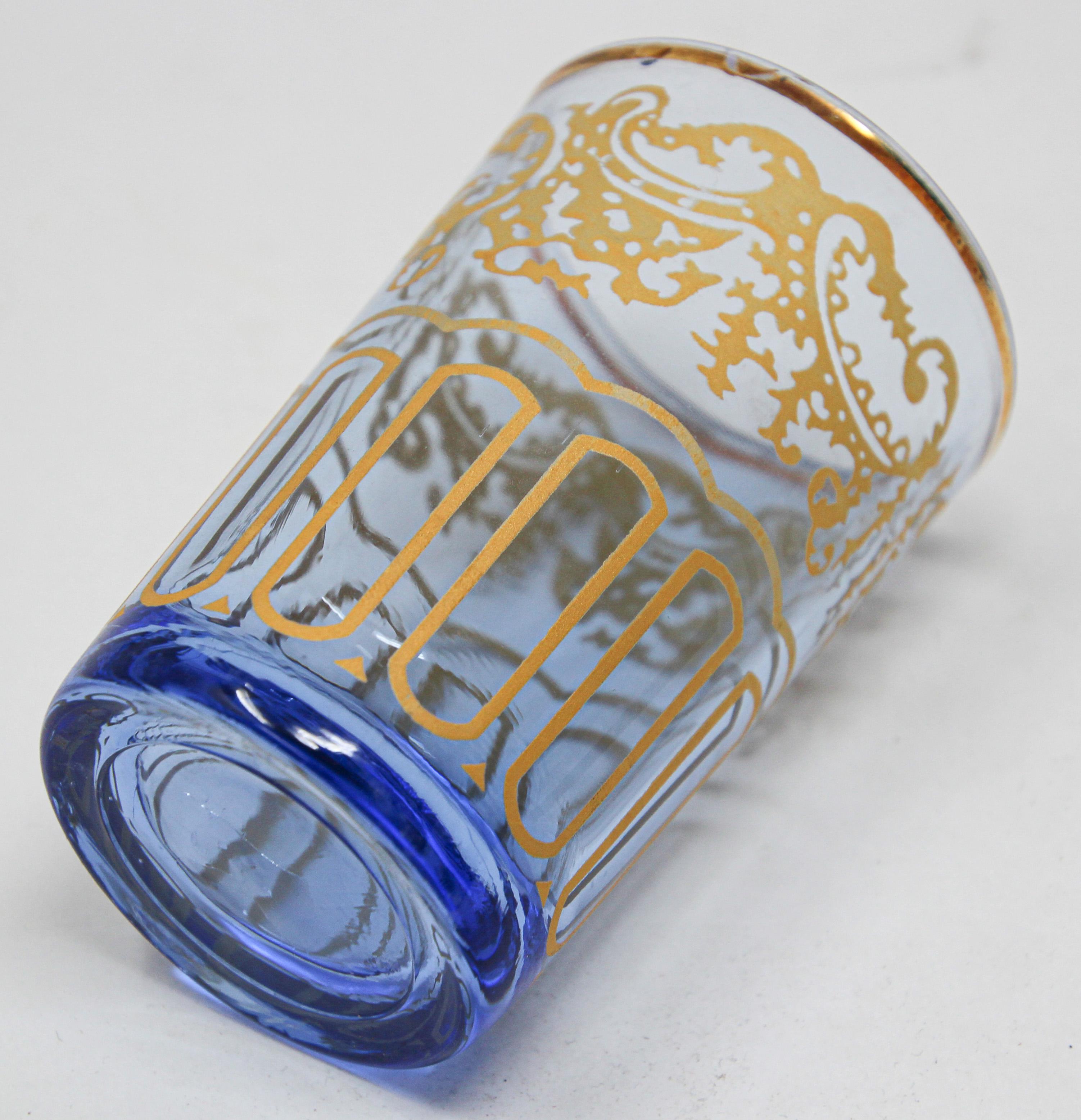 Set of Six Blue Glasses with Gold Moorish Design 5