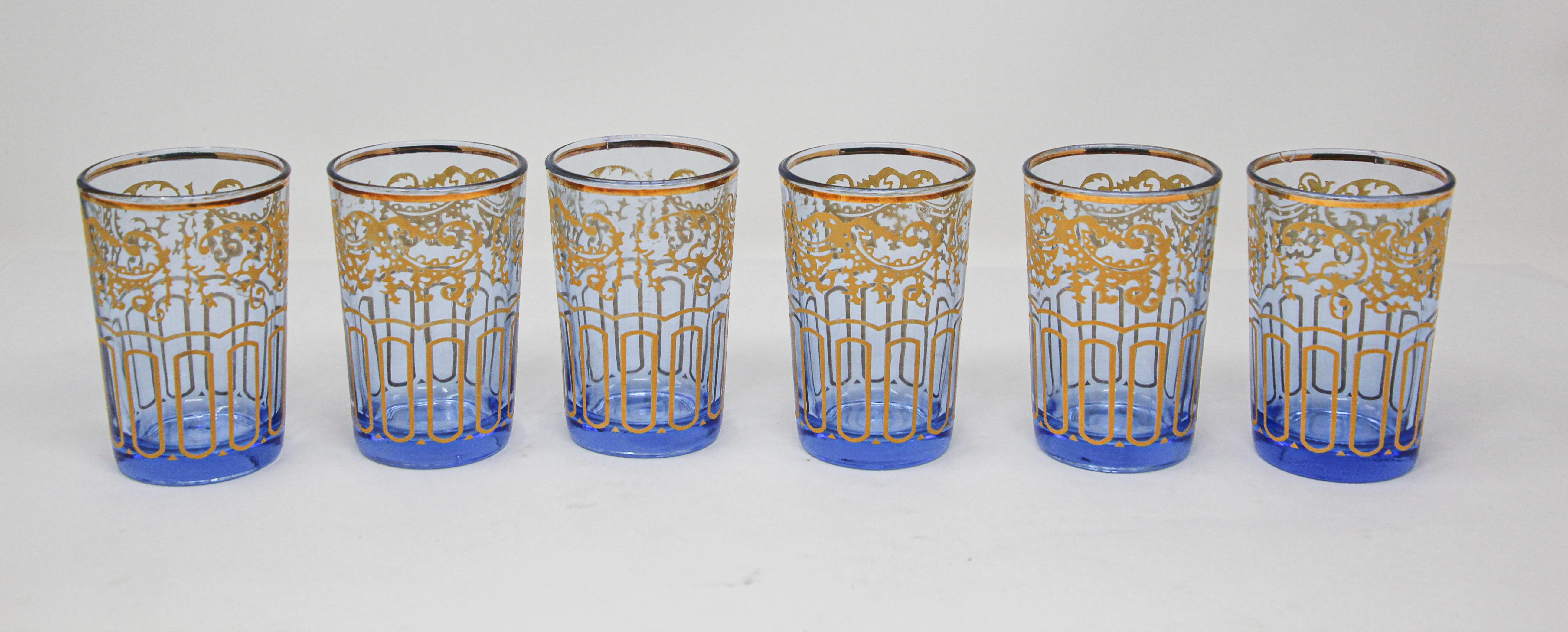 Set of Six Blue Glasses with Gold Moorish Design 6