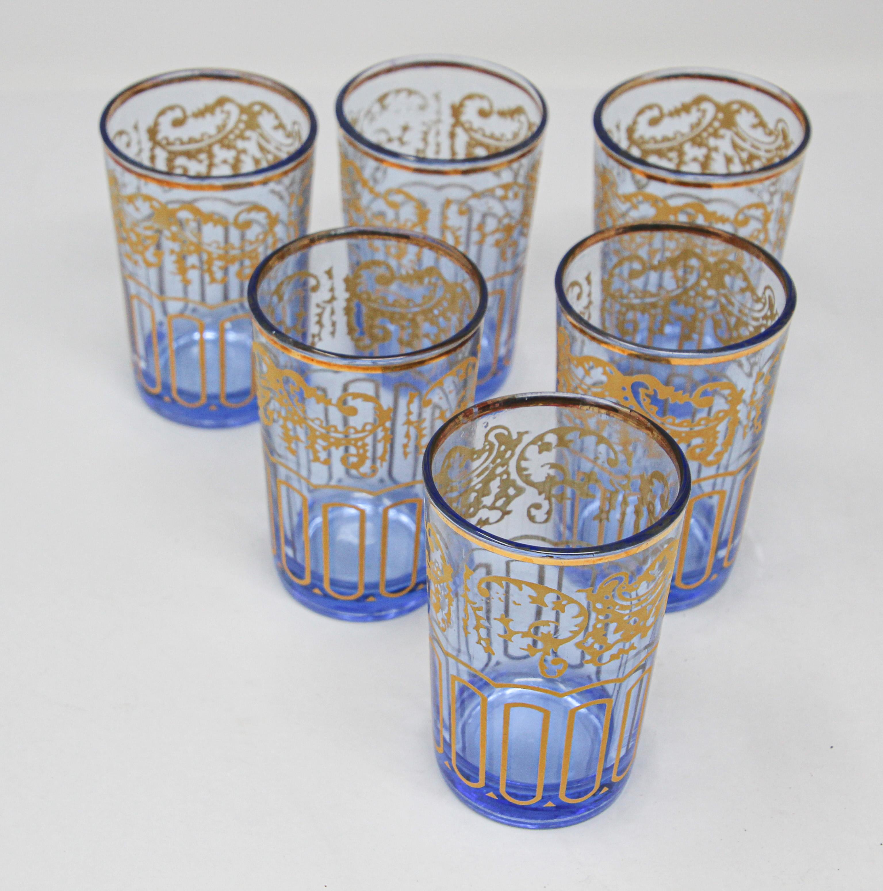 Moroccan Set of Six Blue Glasses with Gold Moorish Design