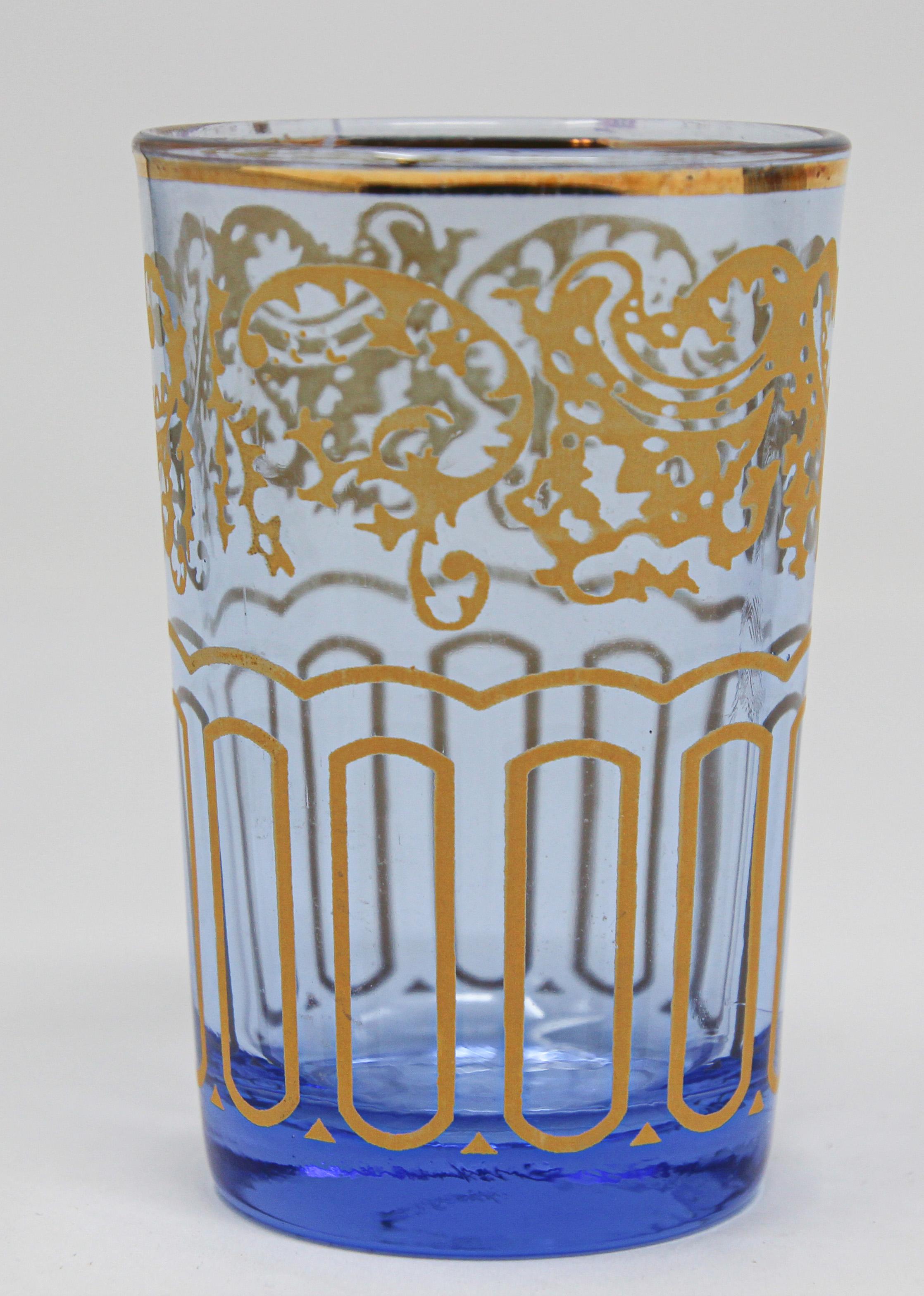 Set of Six Blue Glasses with Gold Moorish Design In Good Condition In North Hollywood, CA