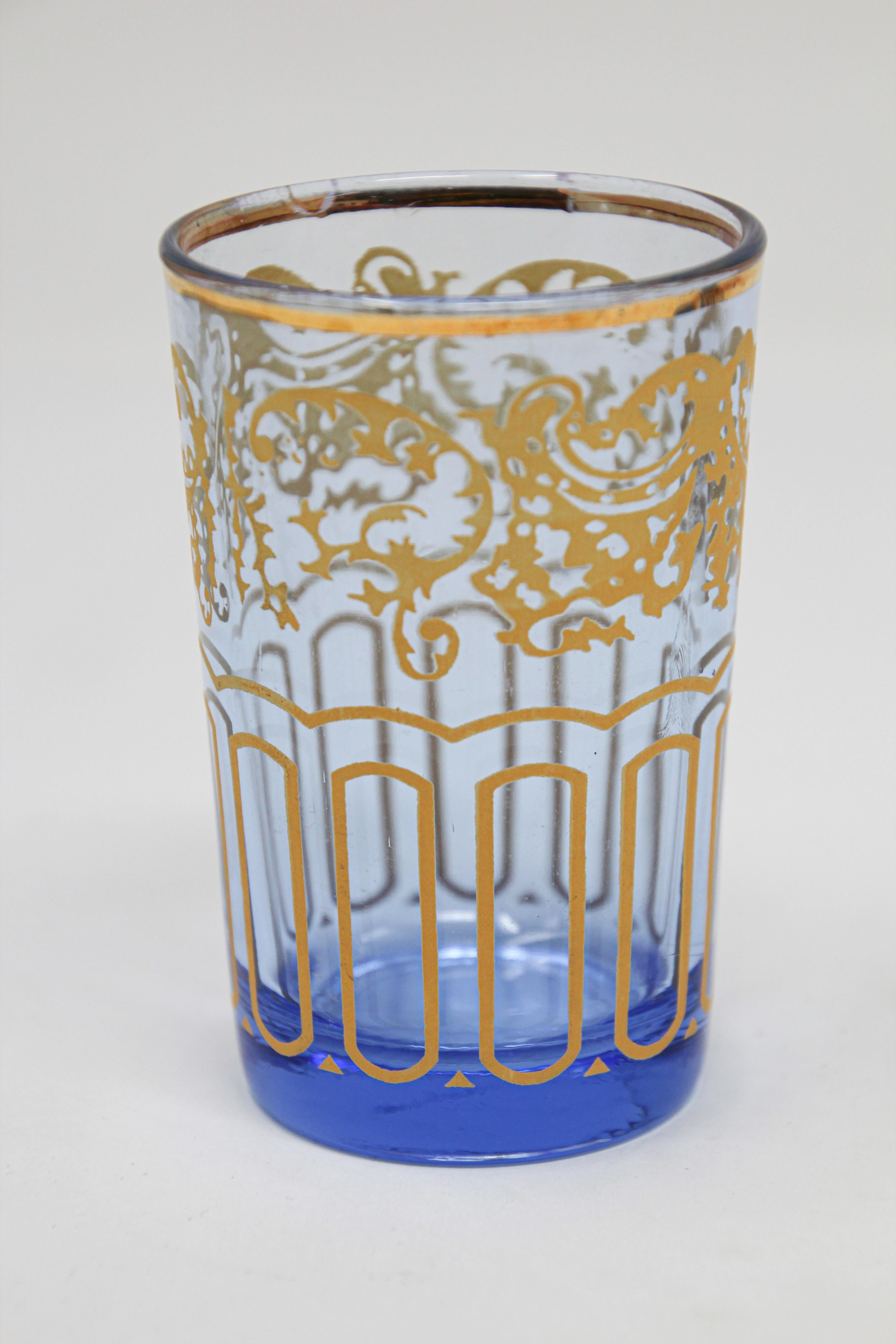 20th Century Set of Six Blue Glasses with Gold Moorish Design