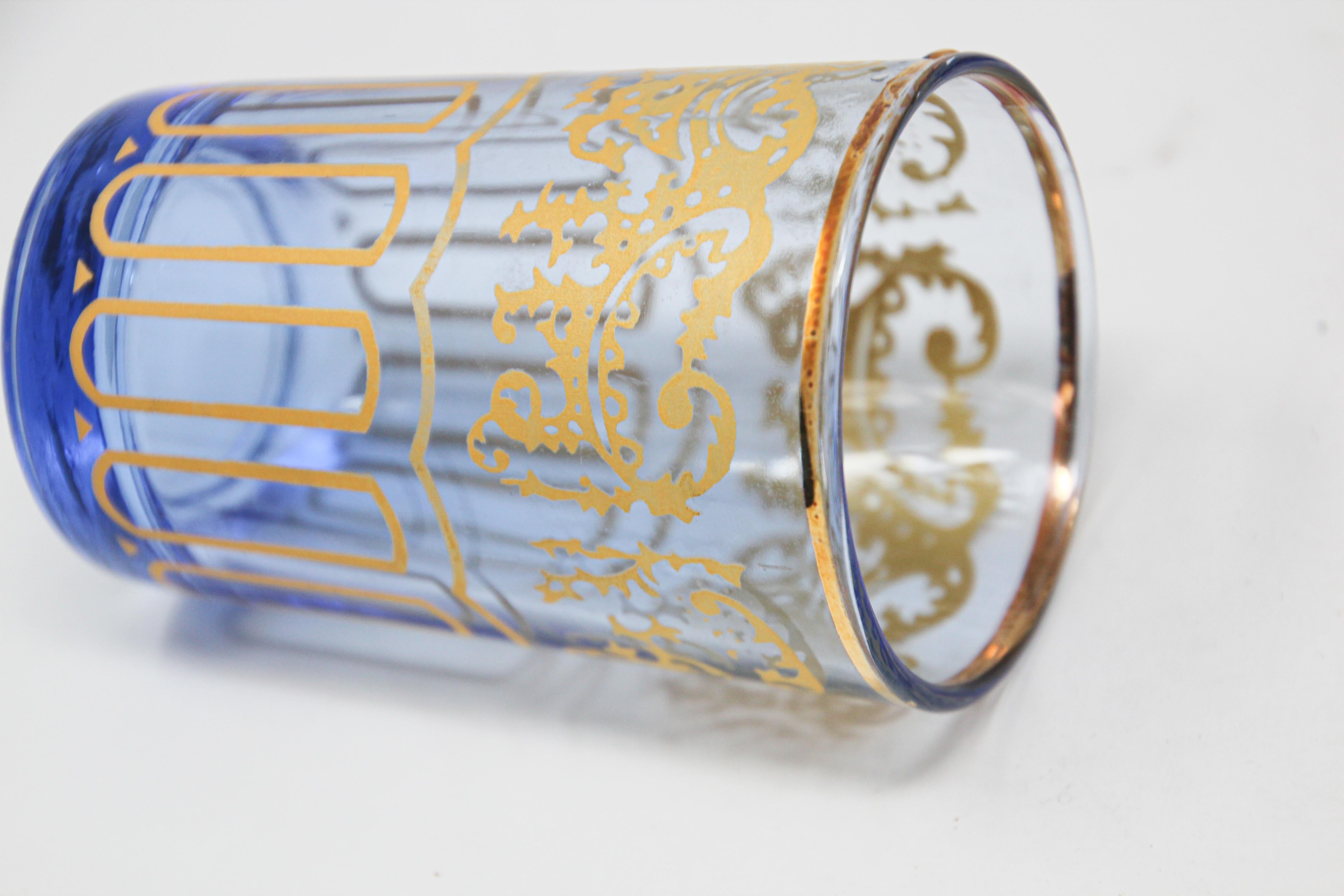 Set of Six Blue Glasses with Gold Moorish Design 3