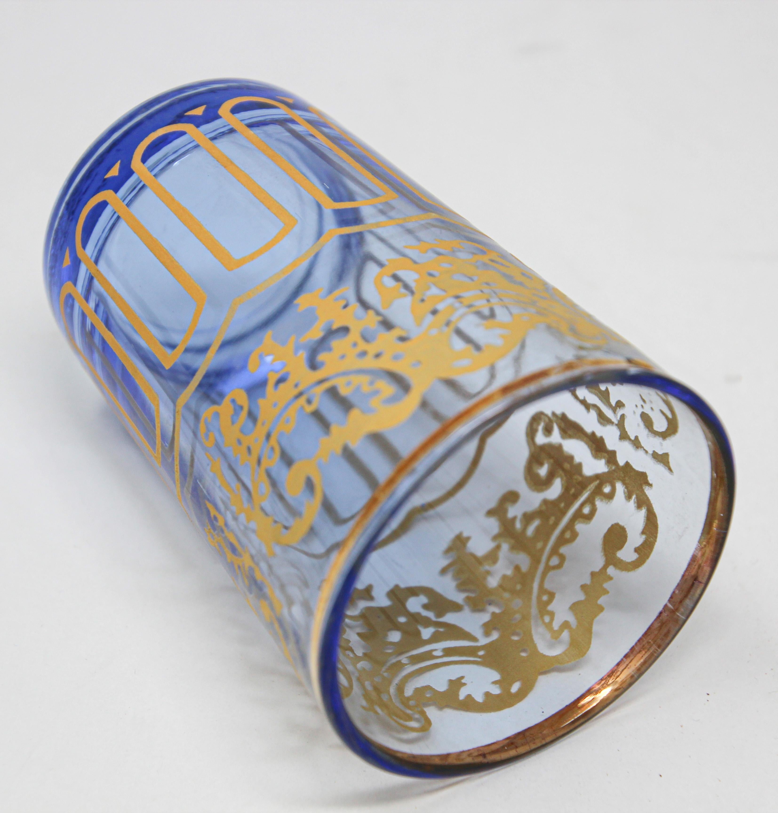 Set of Six Blue Glasses with Gold Moorish Design 4