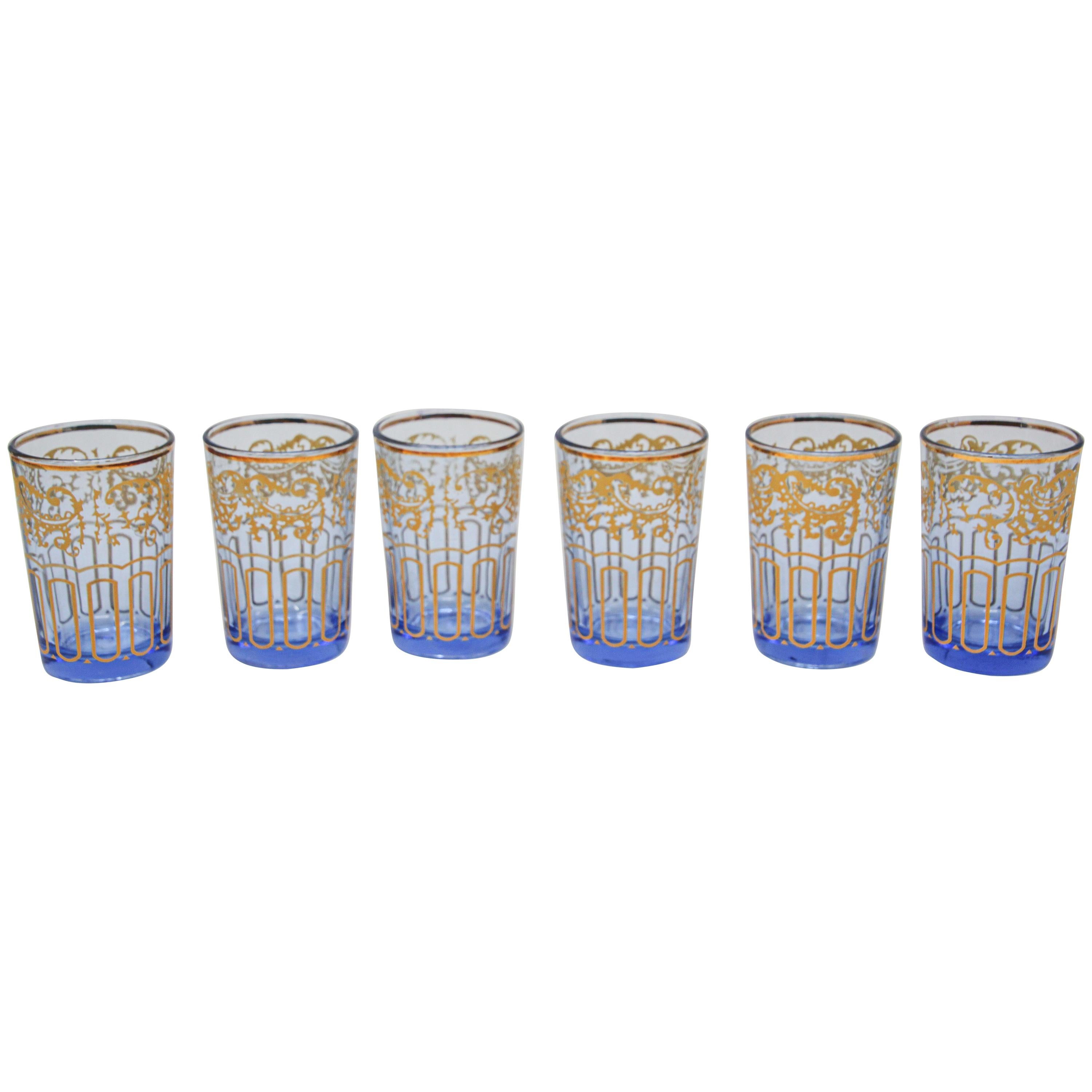 Set of Six Blue Glasses with Gold Moorish Design