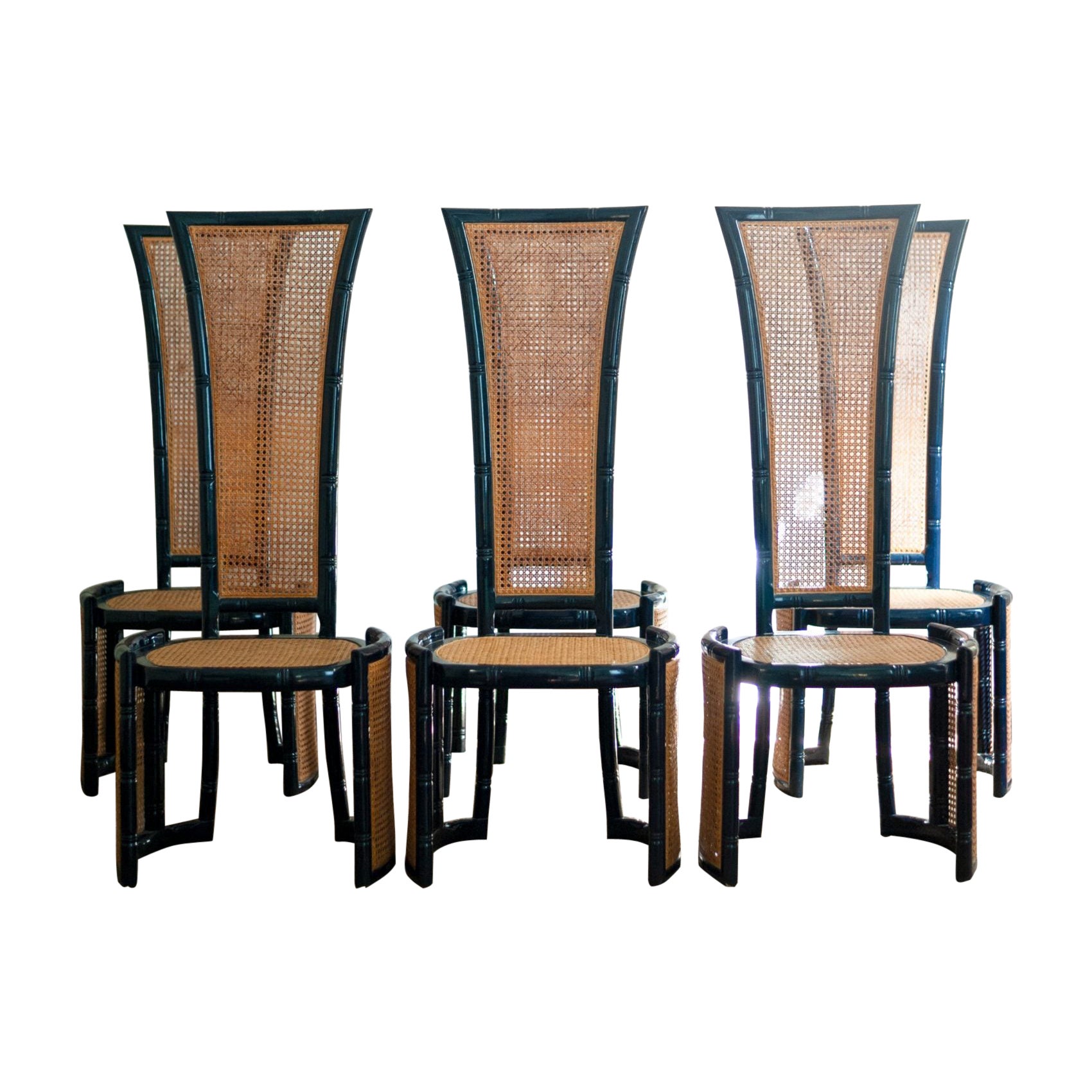 Ensemble de six chaises en bois laqué bleu et paille de Vienne par Marzio Cecchi - années 1970 en vente