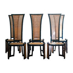 Ensemble de six chaises en bois laqué bleu et paille de Vienne par Marzio Cecchi - années 1970