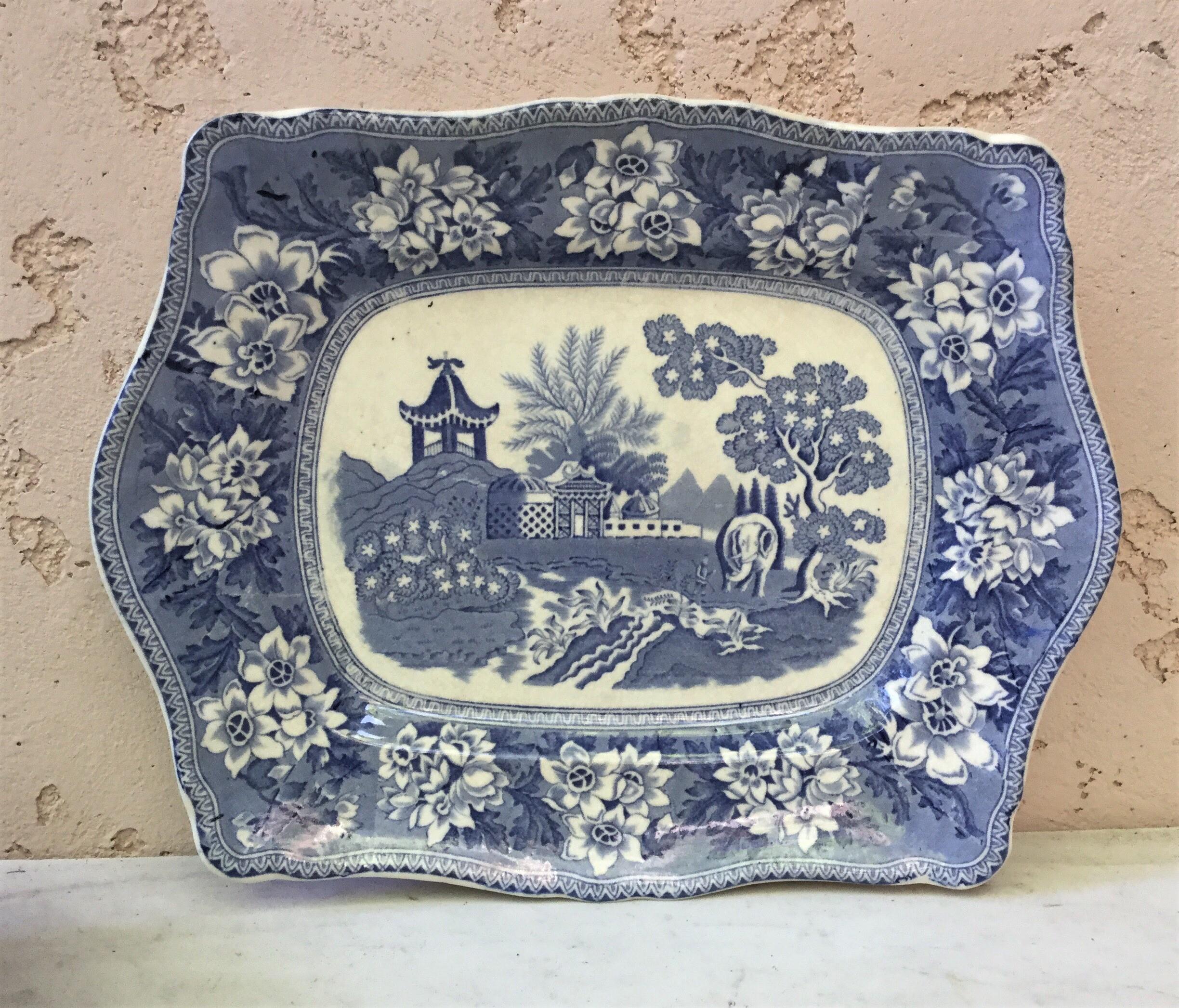Rare set of three English blue and white platters signed Burslem.
1780 pattern Pagoda/elephant.
Small 11.5